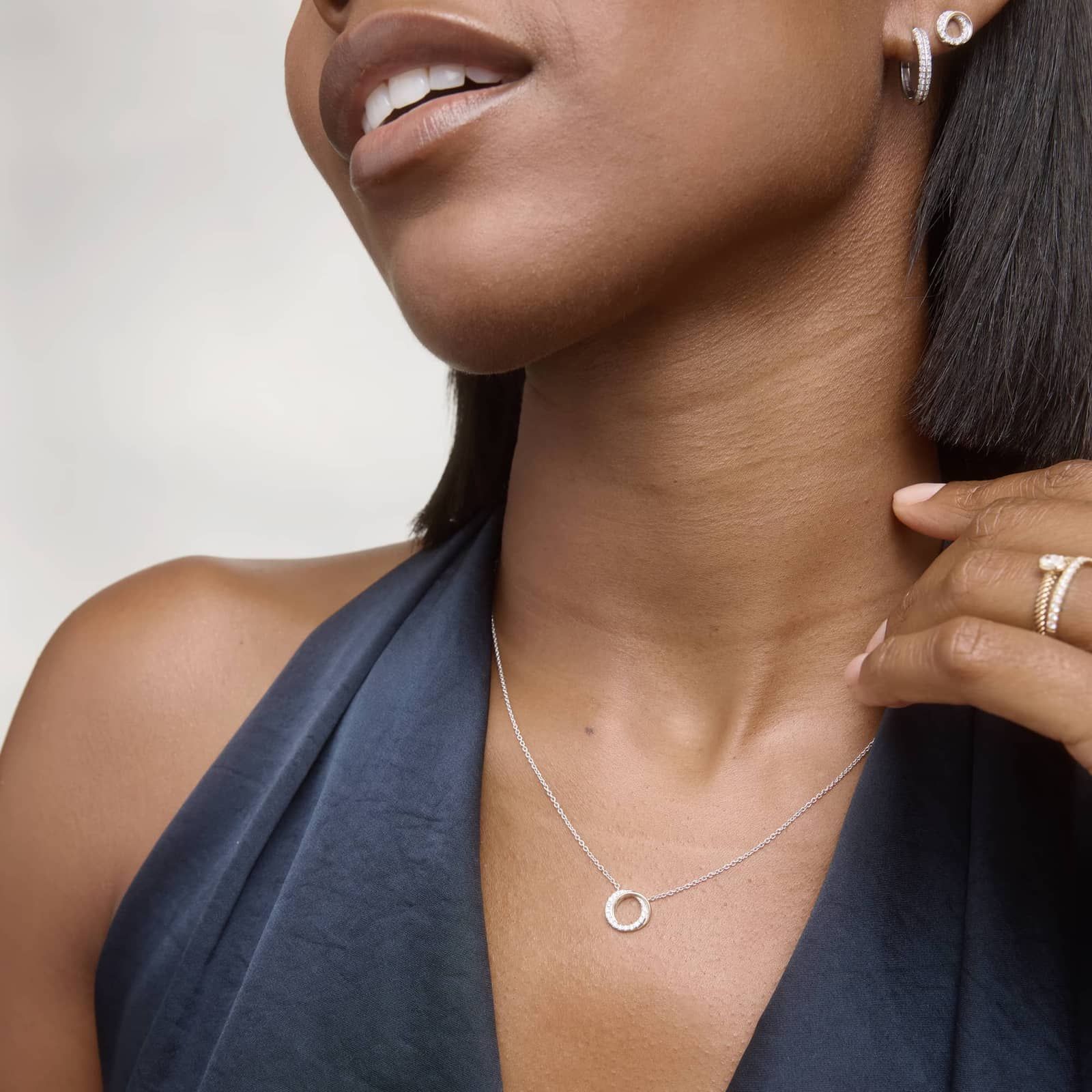 Two-Tone Crossover Circle Diamond Pendant Necklace with 0.1 CTW Round Cut Lab-Grown Diamonds in 14K White & Yellow Gold