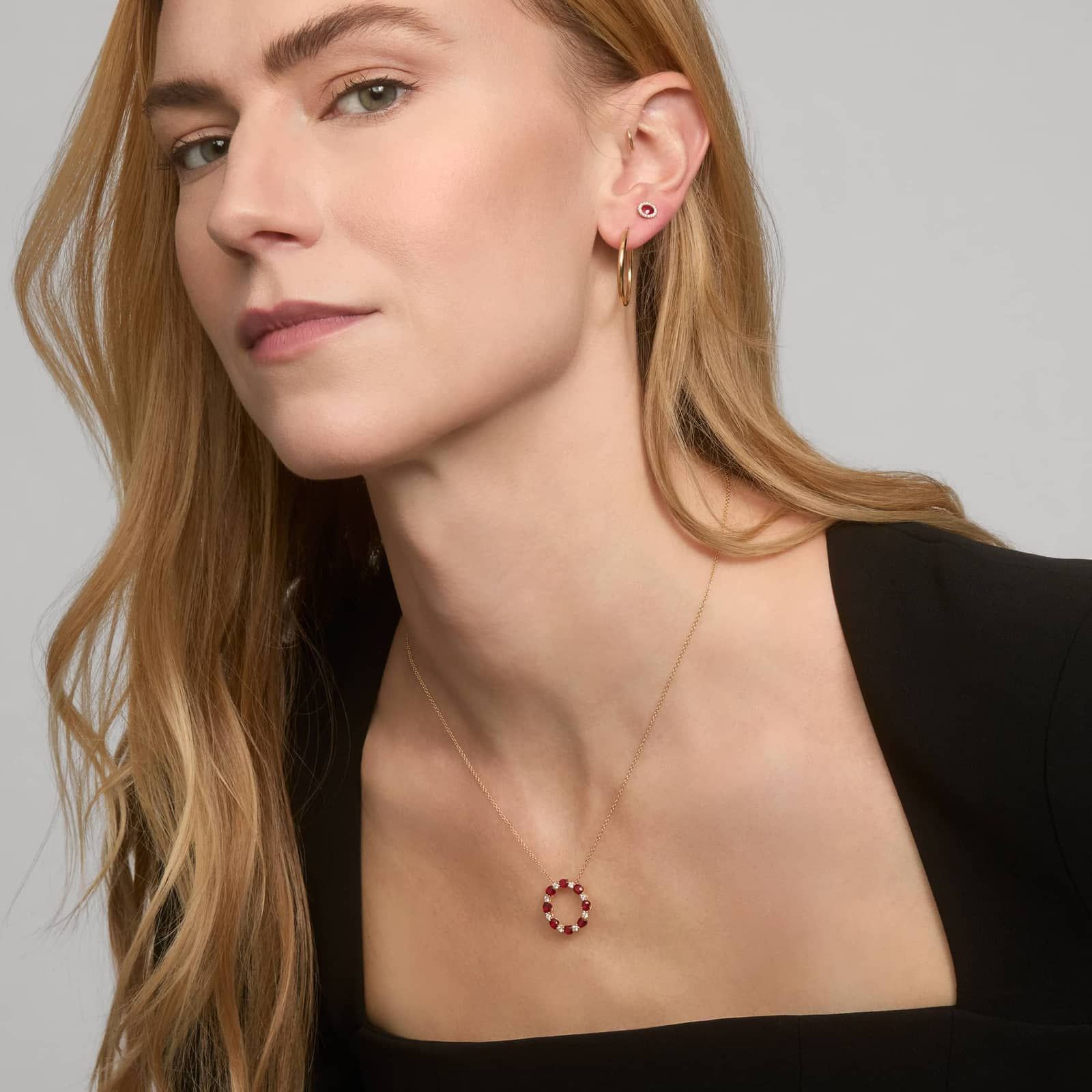 Ruby and Diamond Circle Necklace in 14K Yellow Gold