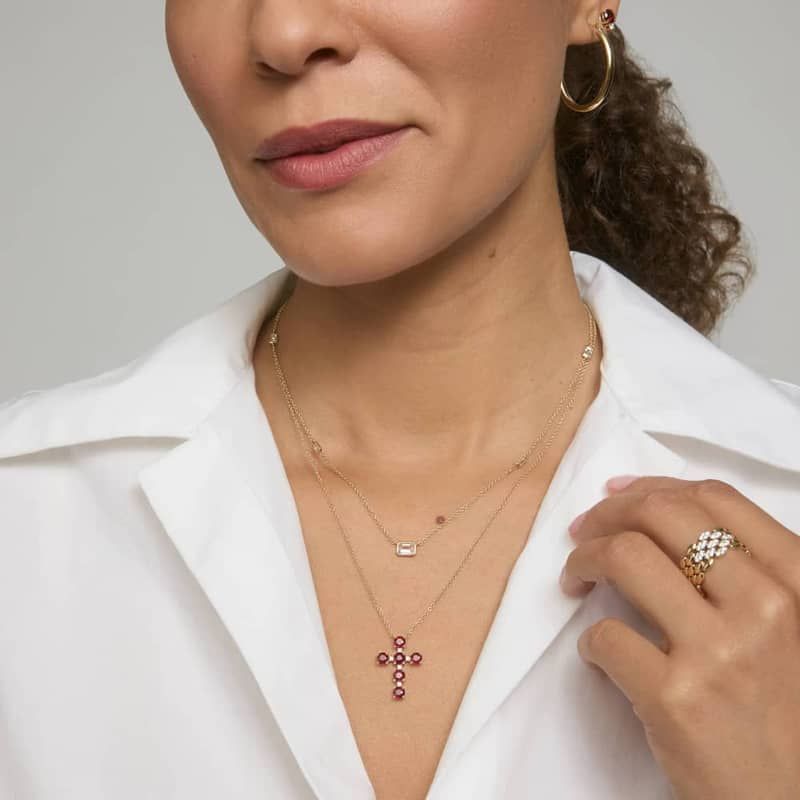 Ruby and Diamond Cross Necklace in 14K Yellow Gold