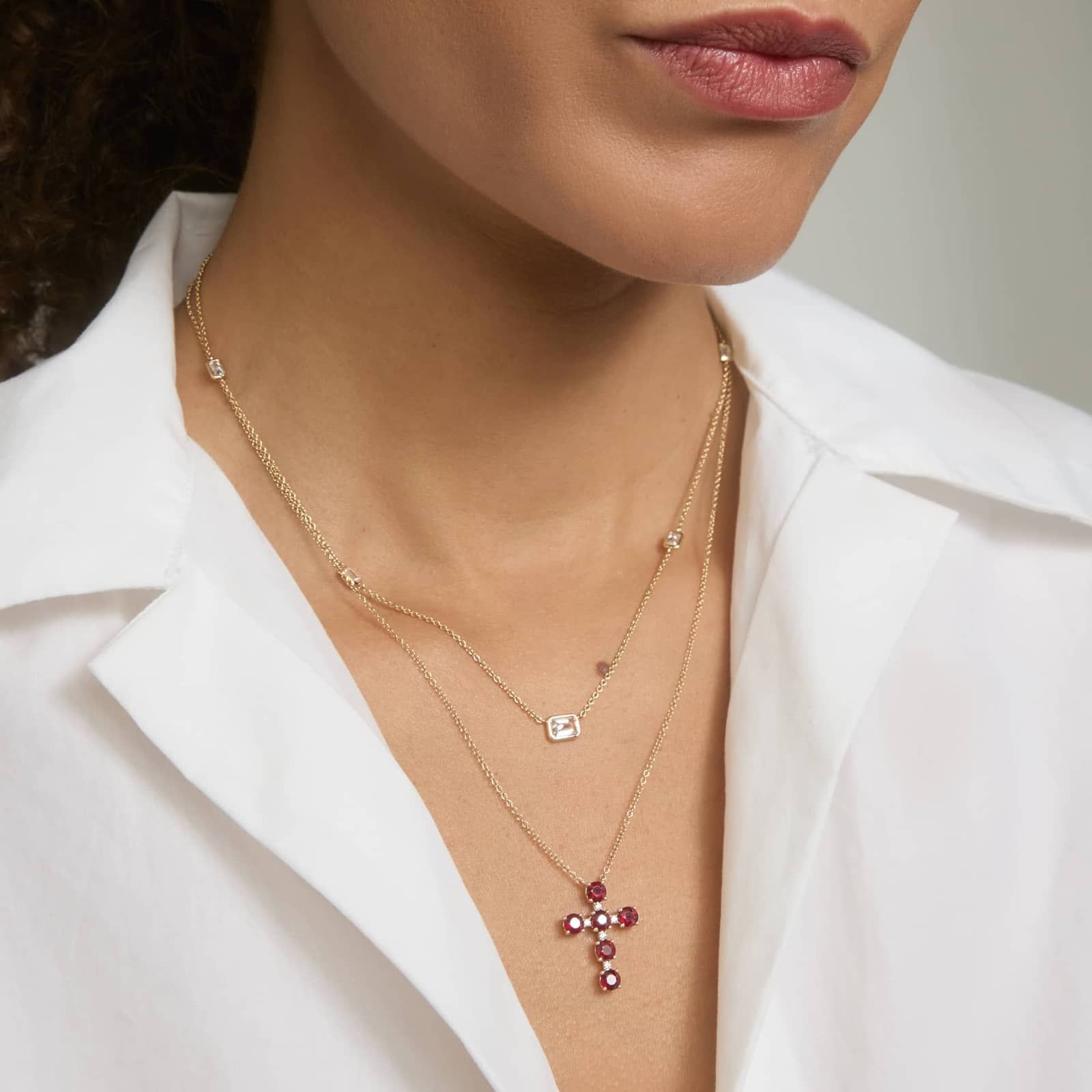 Ruby and Diamond Cross Necklace in 14K Yellow Gold