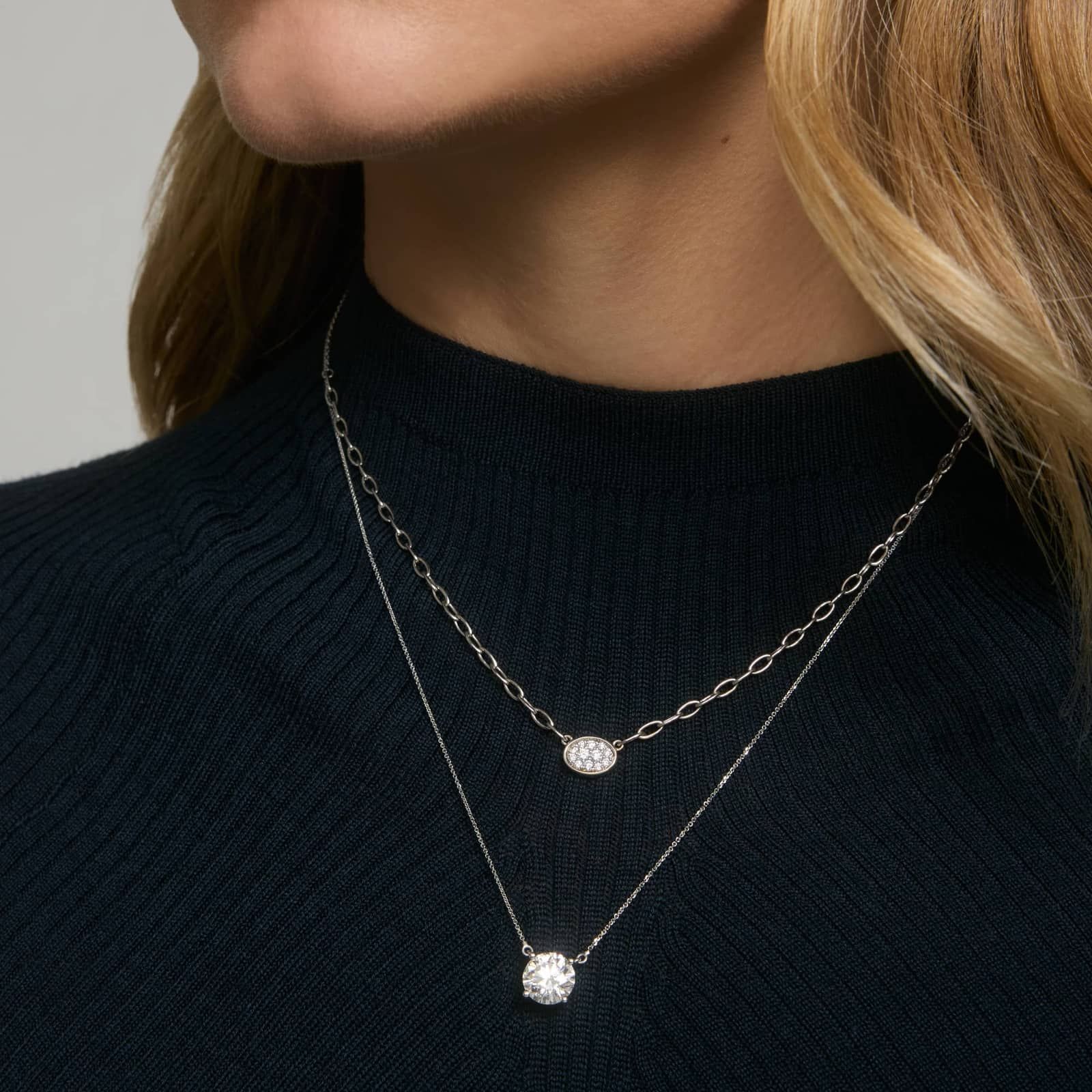 Oval Shape Composite Necklace with 0.25 CTW Round Cut Diamonds in 14K White Gold