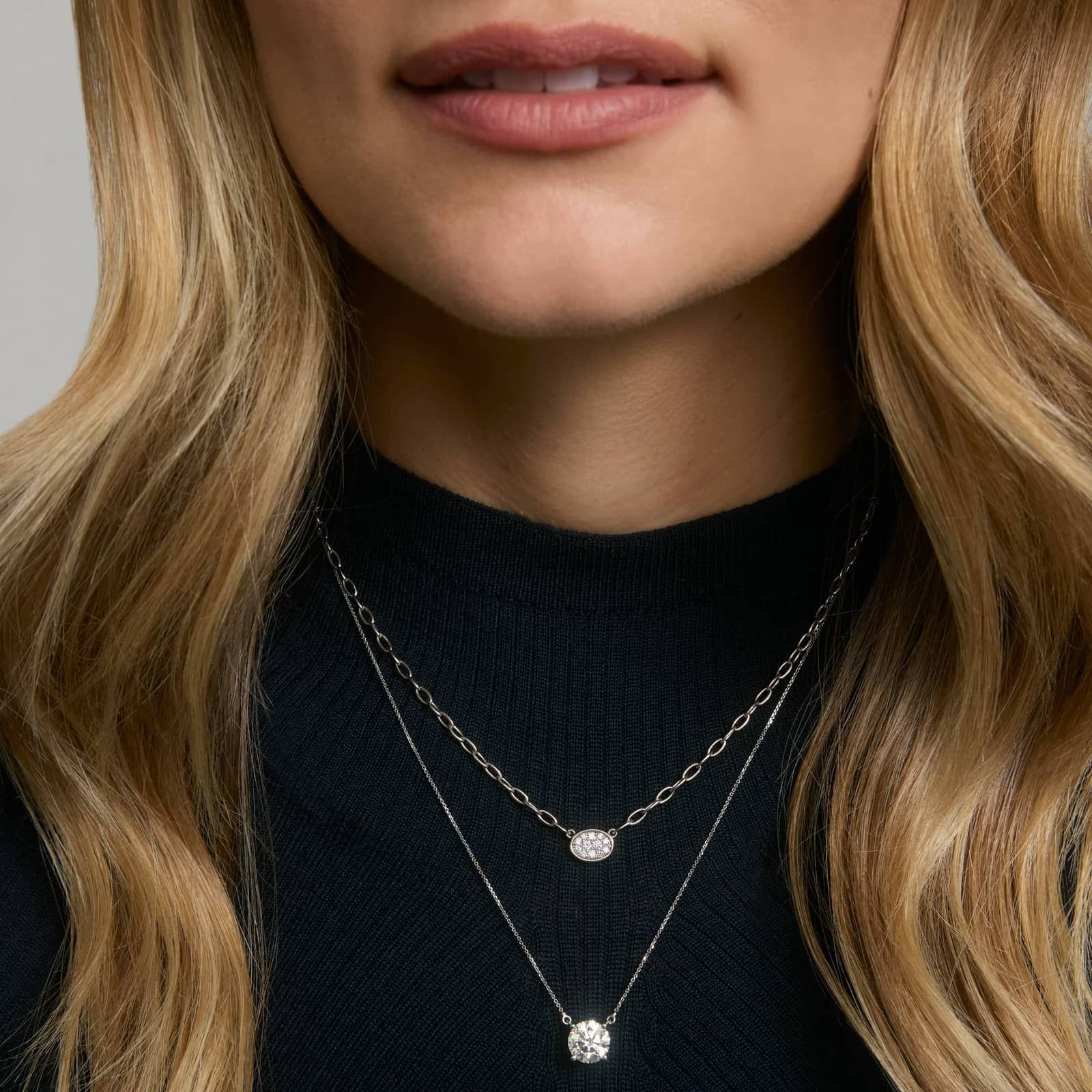 Oval Shape Composite Necklace with 0.25 CTW Round Cut Diamonds in 14K White Gold