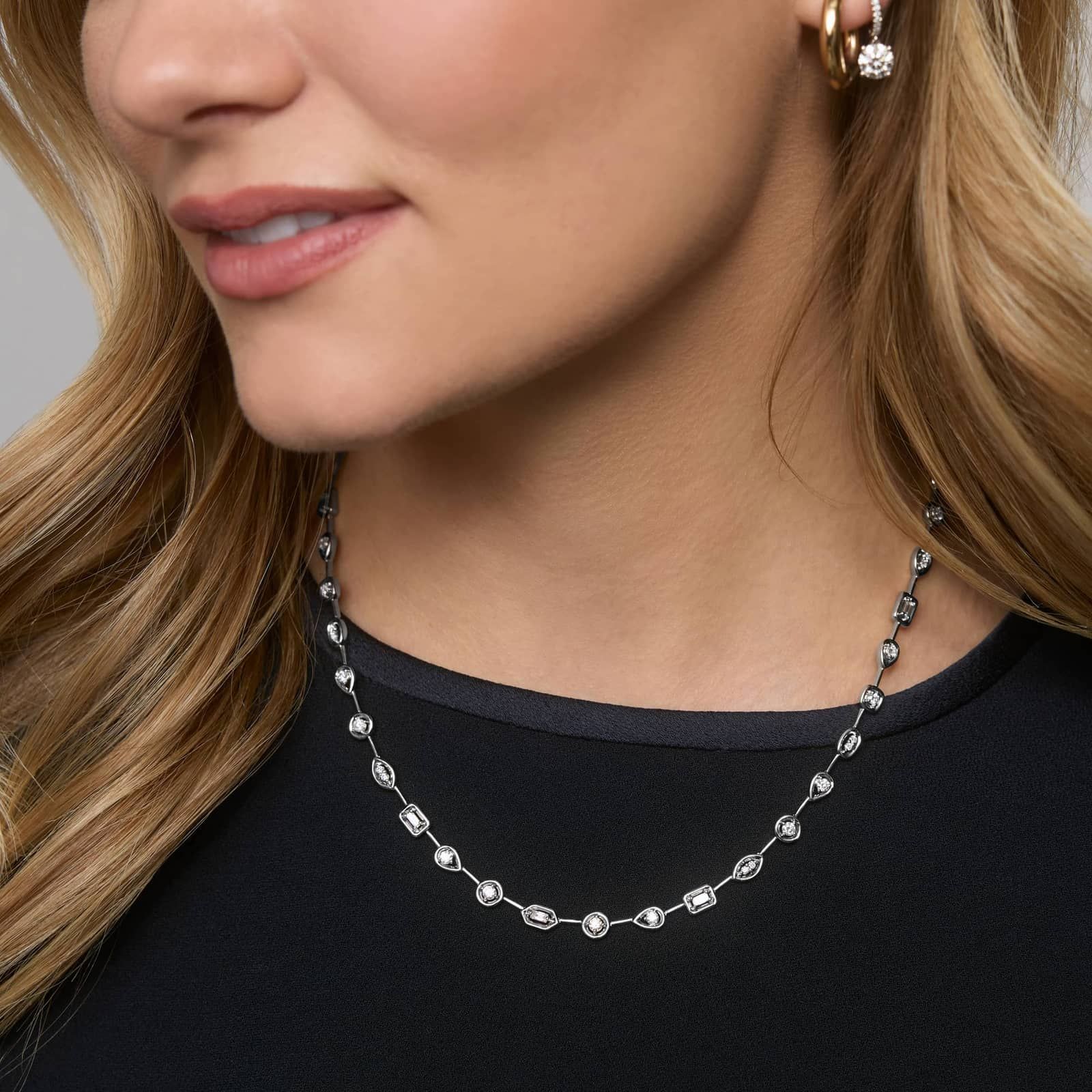 Mixed Shape Diamond Fashion Necklace with Round and Baguette Diamonds in 14K White Gold