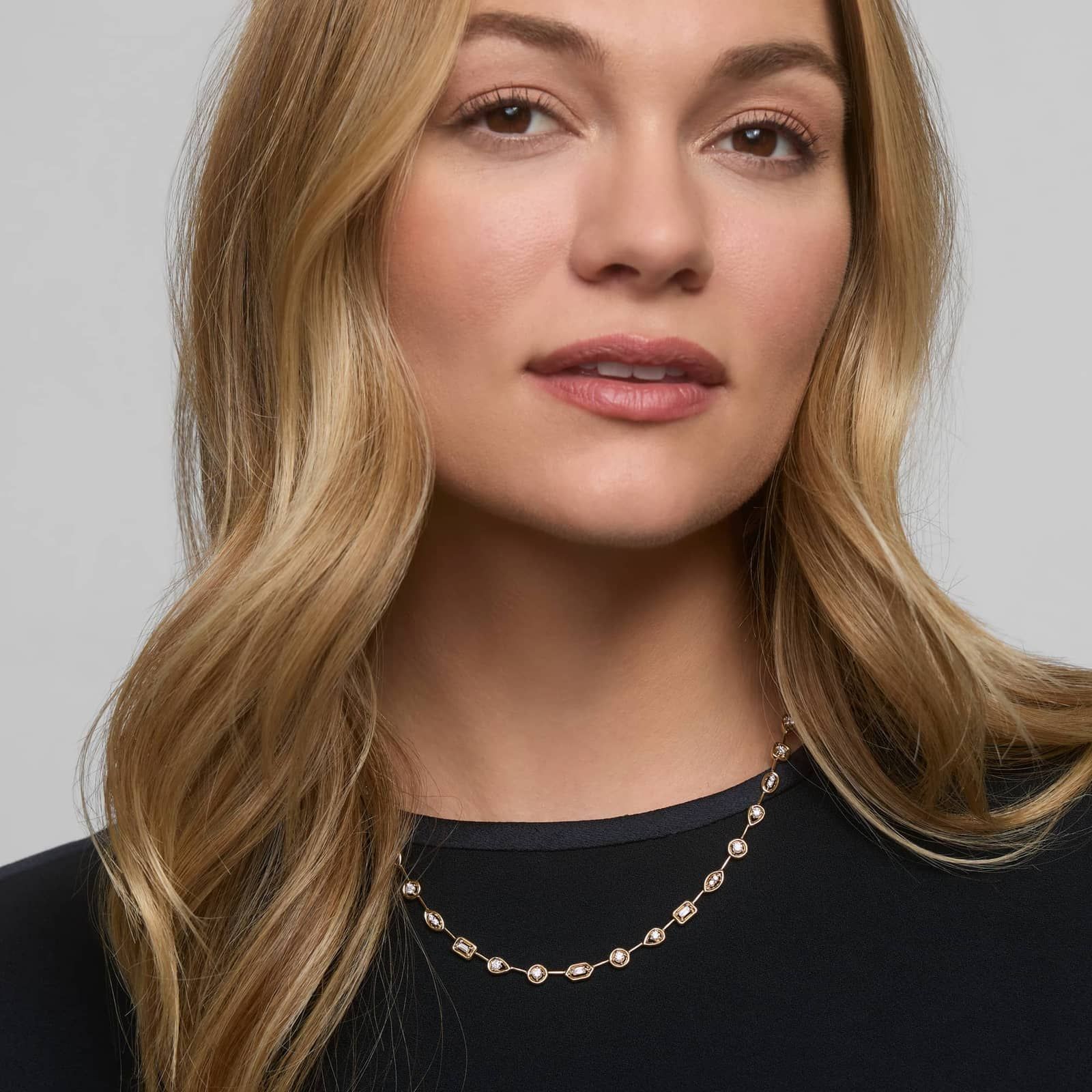 Mixed Shape Diamond Fashion Necklace with Round and Baguette Diamonds in 14K Yellow Gold