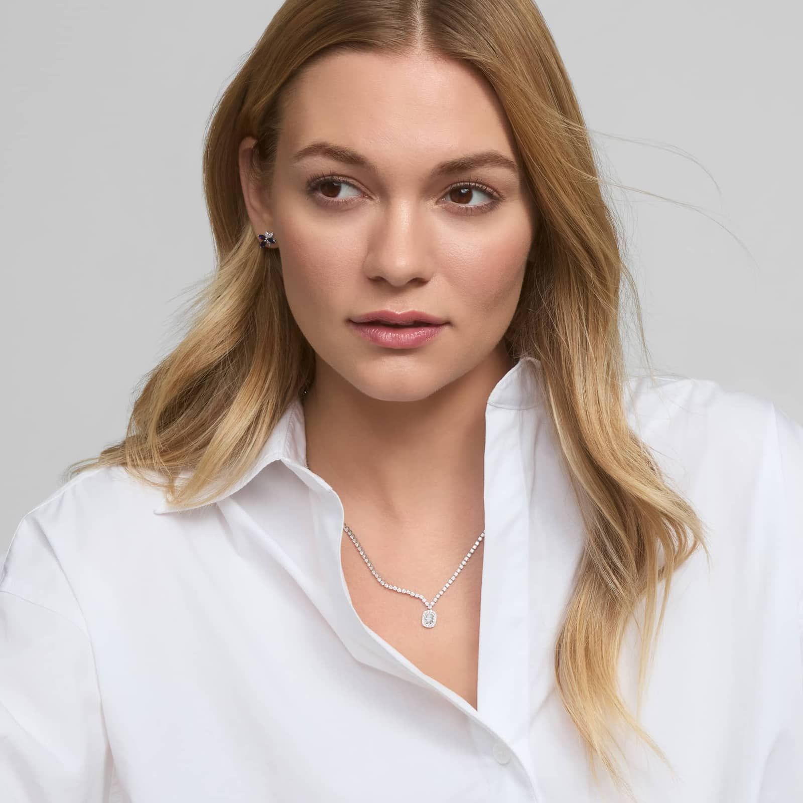 Oval Drop Diamond Halo Necklace with 5 CTW Oval and Round Cut Lab-Grown Diamonds in 14K White Gold