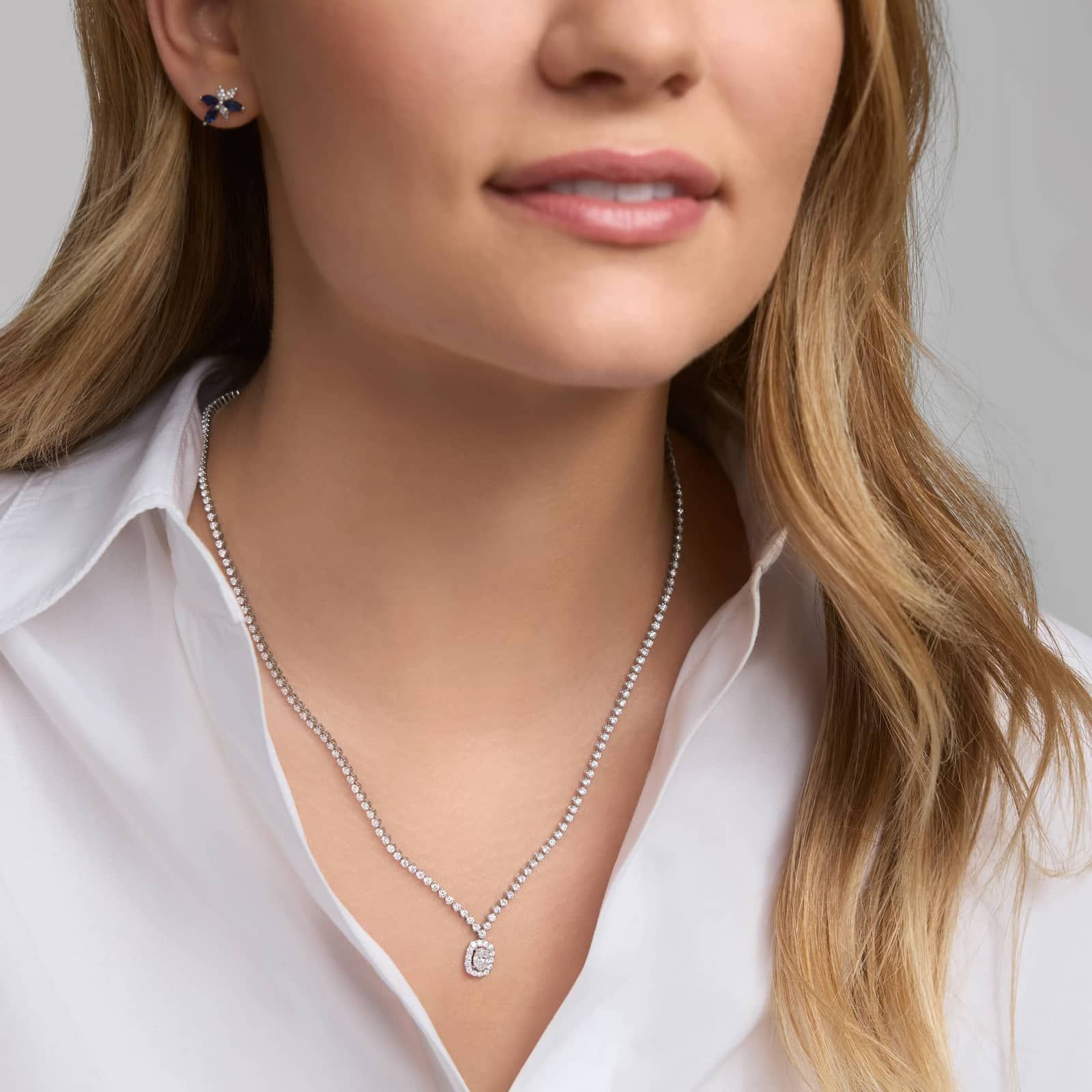 Oval Drop Diamond Halo Necklace with 5 CTW Oval and Round Cut Lab-Grown Diamonds in 14K White Gold