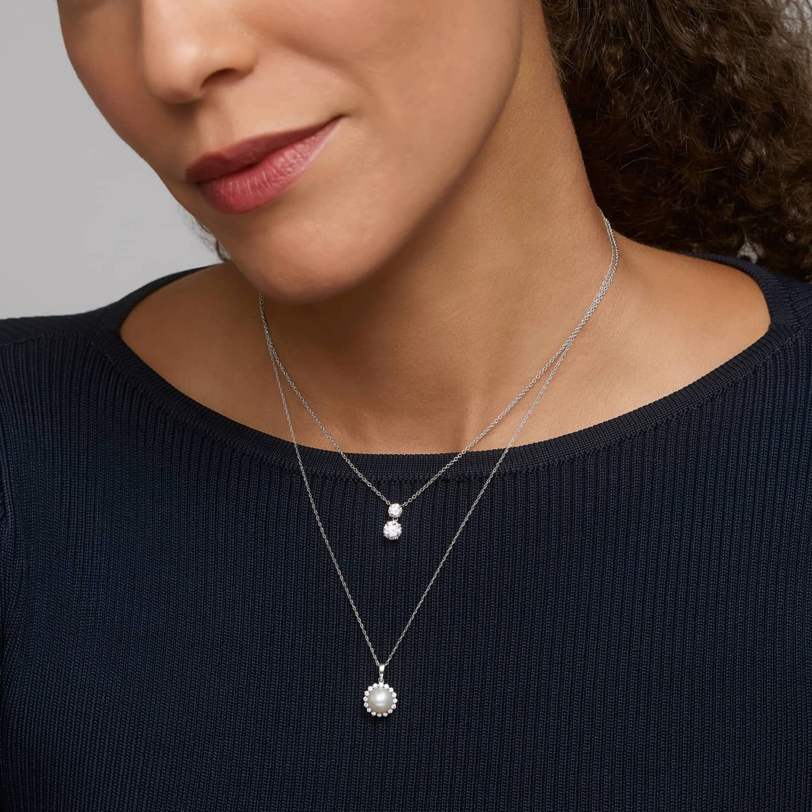 Pearl and Diamond Halo Pendant Necklace in 14K White Gold