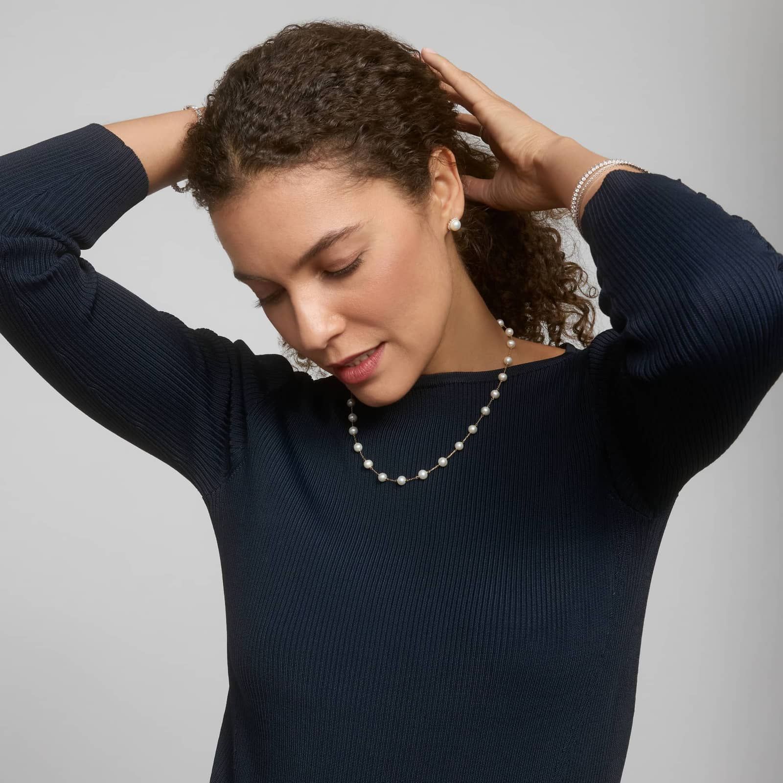 Freshwater Pearl Station Necklace in 14K Yellow Gold