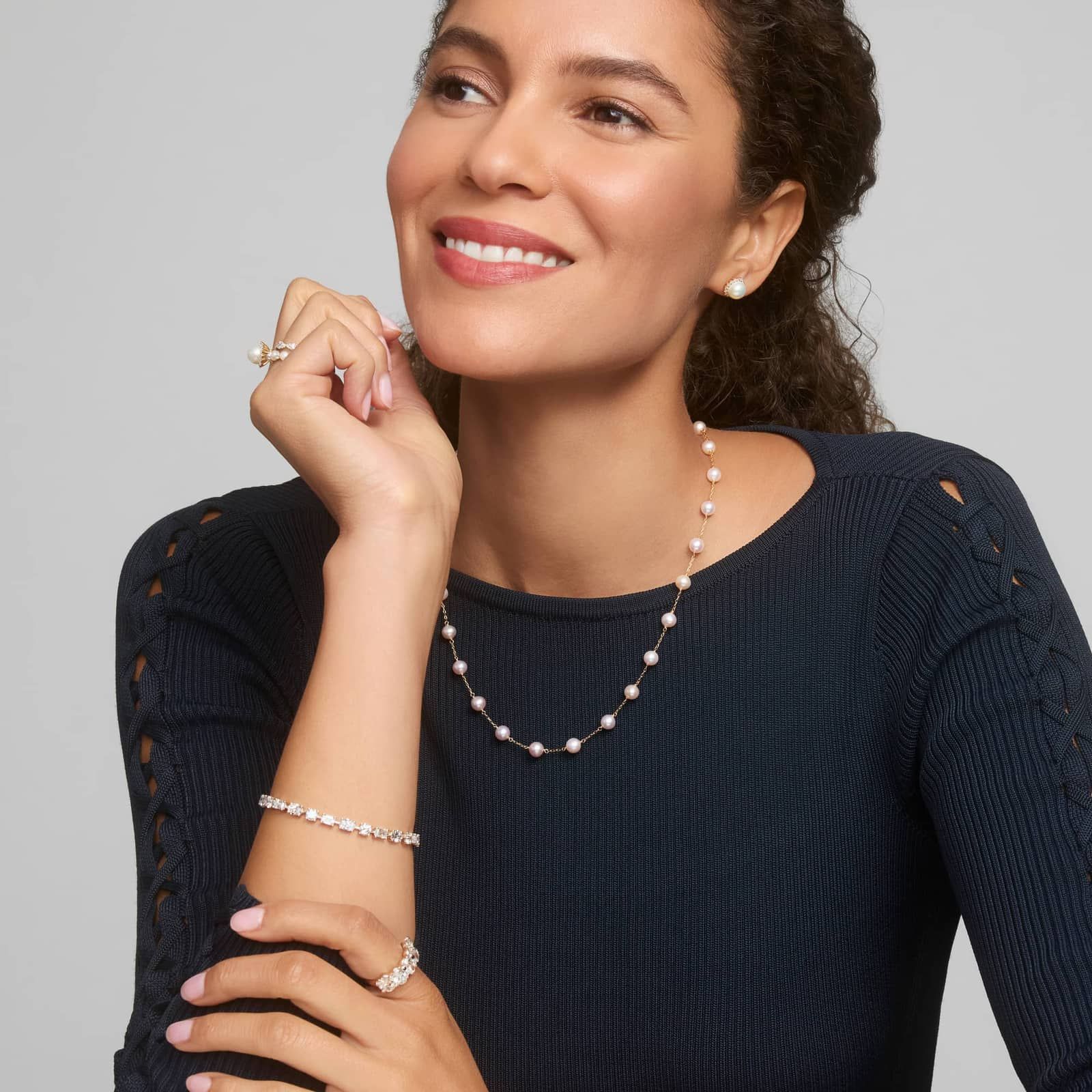 Pink Freshwater Pearl Station Necklace in 14K Yellow Gold