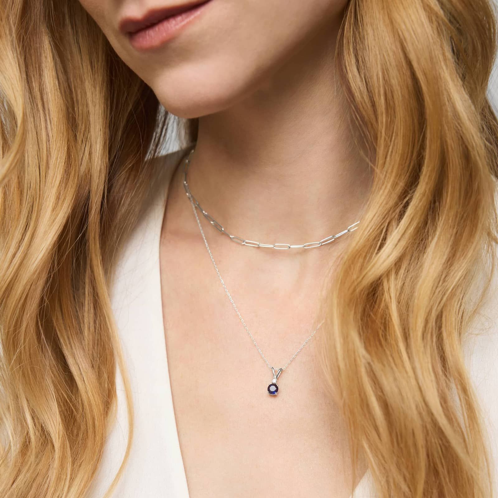 Blue Sapphire Pendant Necklace with Diamond Accent in 14K White Gold