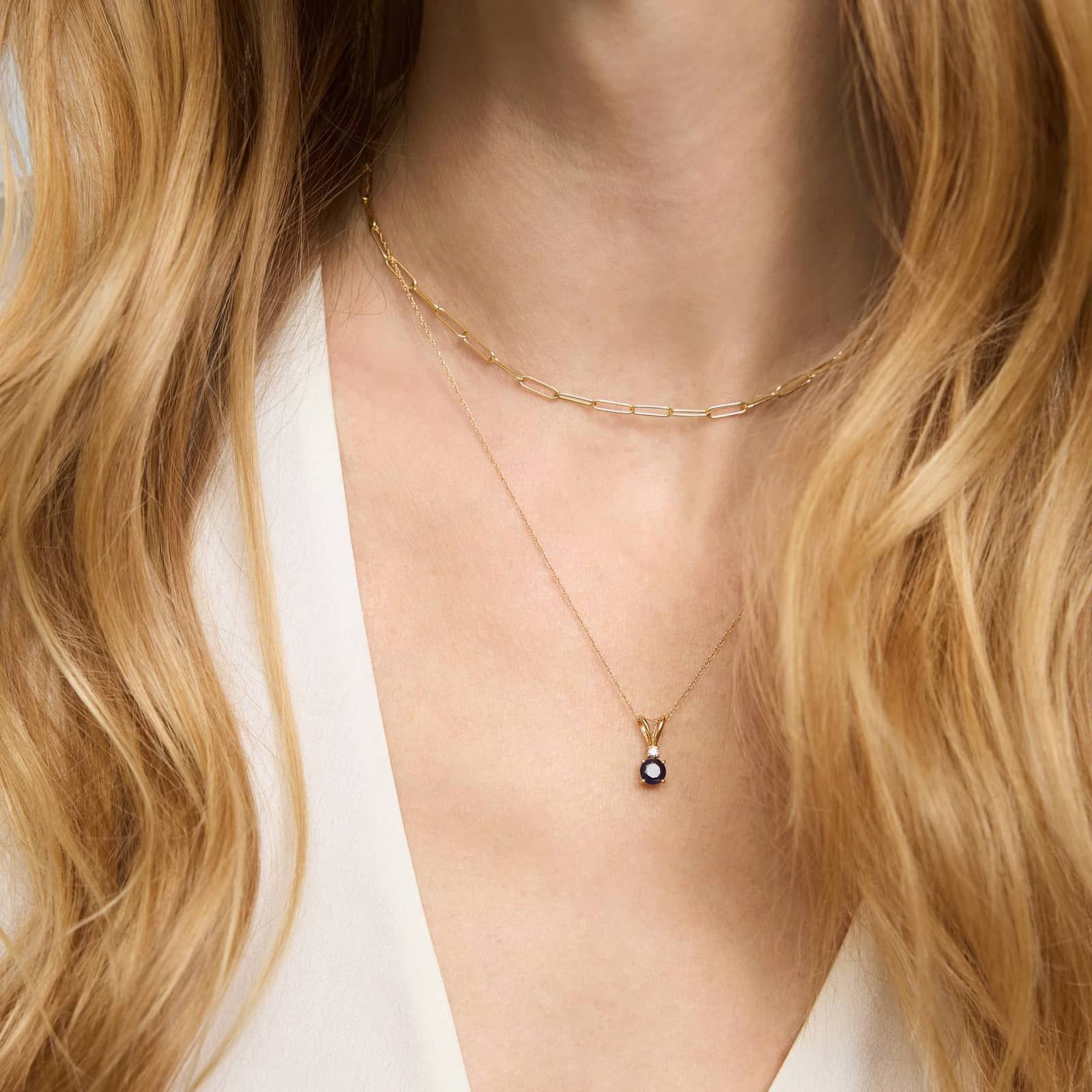 Blue Sapphire Pendant Necklace with Diamond Accent in 14K Yellow Gold