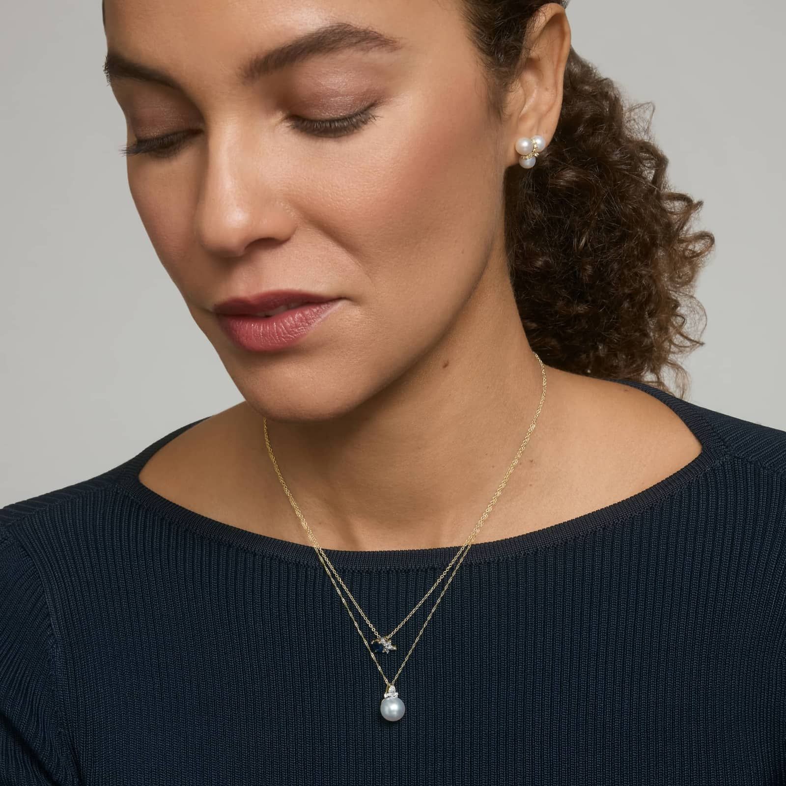 Pearl and Diamond Cluster Pendant Necklace with Pear and Round Diamonds in 14K Yellow Gold