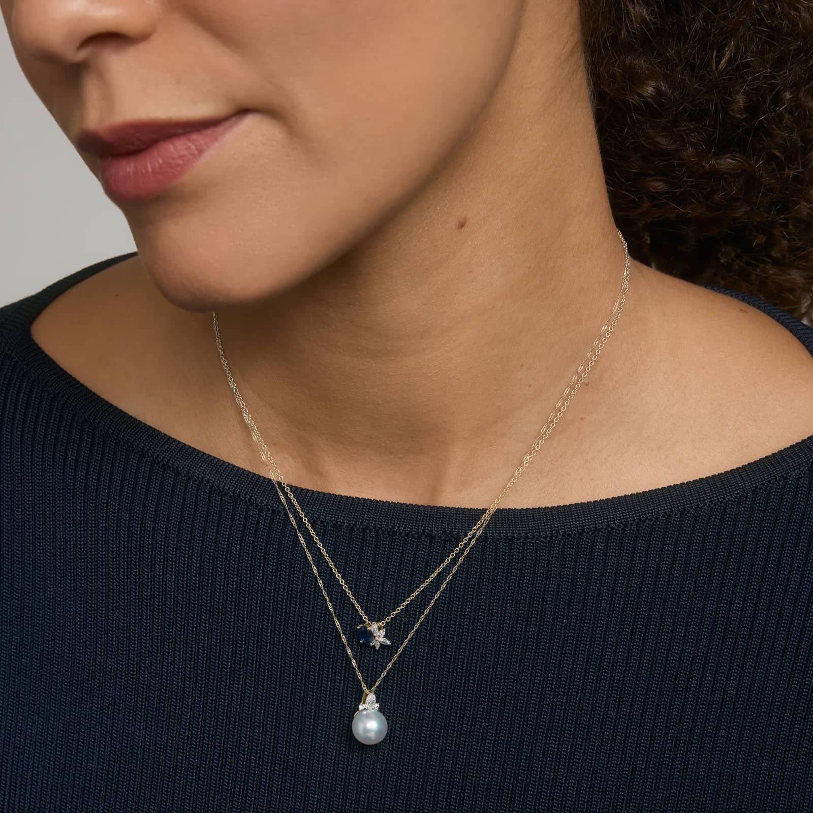 Pearl and Diamond Cluster Pendant Necklace with Pear and Round Diamonds in 14K Yellow Gold