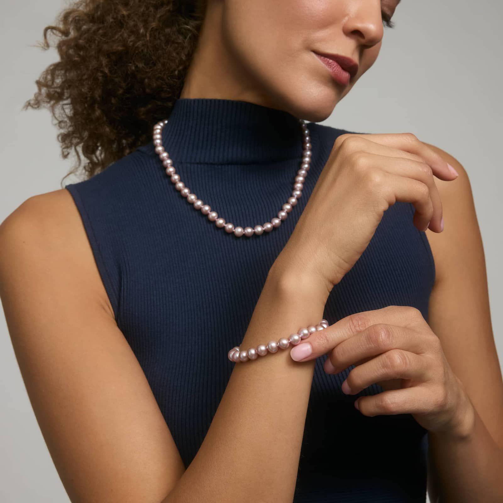 Pearl Necklace, Bracelet, Stud Set with Pink Freshwater Pearls in 14K White Gold
