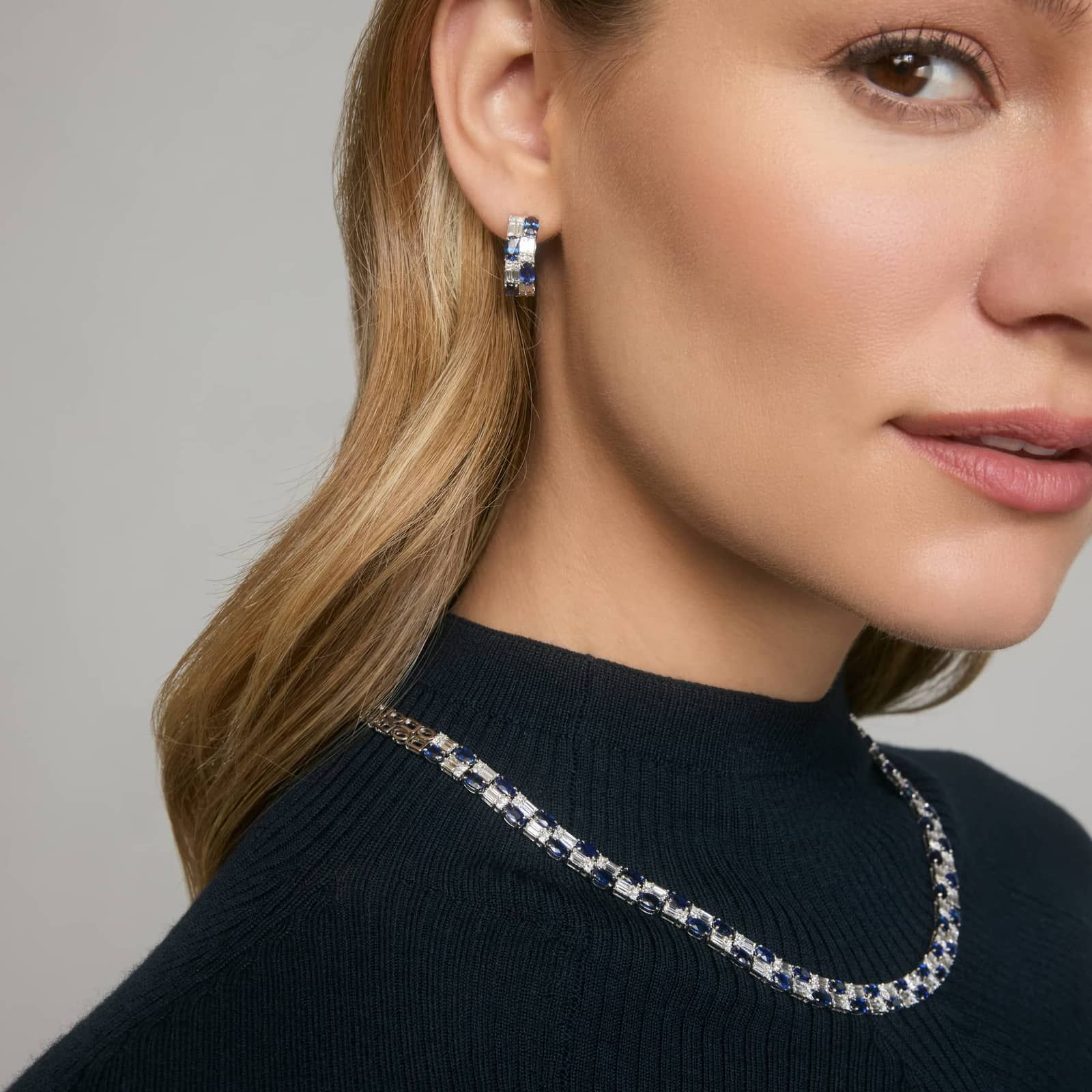 Alternating Baguette Cut Blue Sapphire And Diamond Tennis Necklace In 14K White Gold