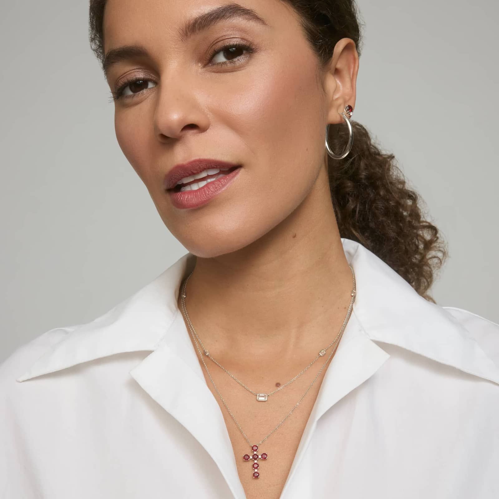 Emerald Pendant with Diamond Station Necklace with 2 CTW Emerald Cut Lab-Grown Diamonds in 14K White Gold Bezel Setting