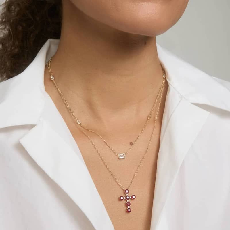 Emerald Pendant with Diamond Stations Necklace with 2 CTW Emerald Cut Lab-Grown Diamonds in 14K Yellow Gold Bezel Setting