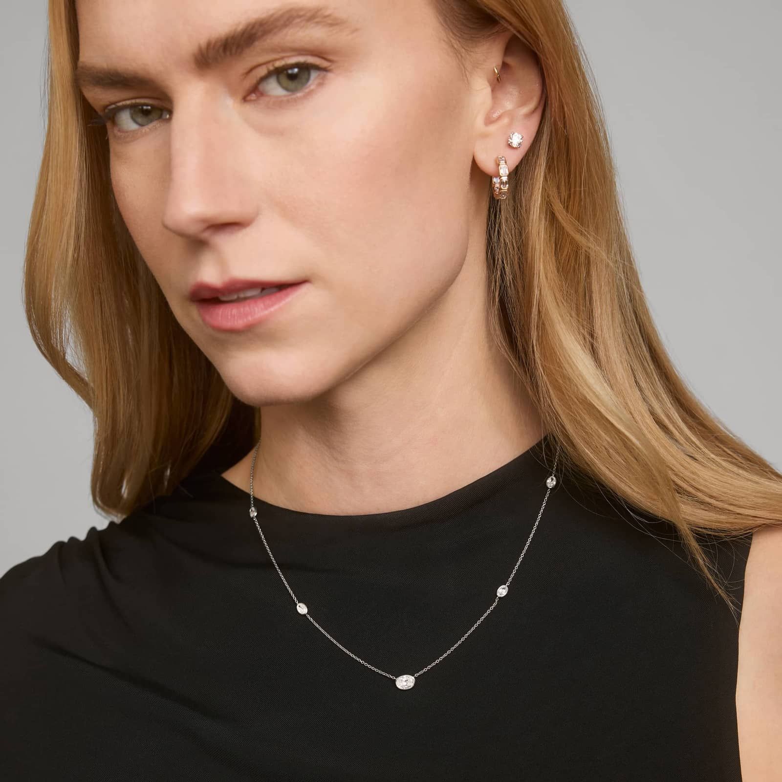 Oval Pendant with Diamond Station Necklace with 2 CTW Oval Cut Lab-Grown Diamonds in 14K White Gold Bezel Setting