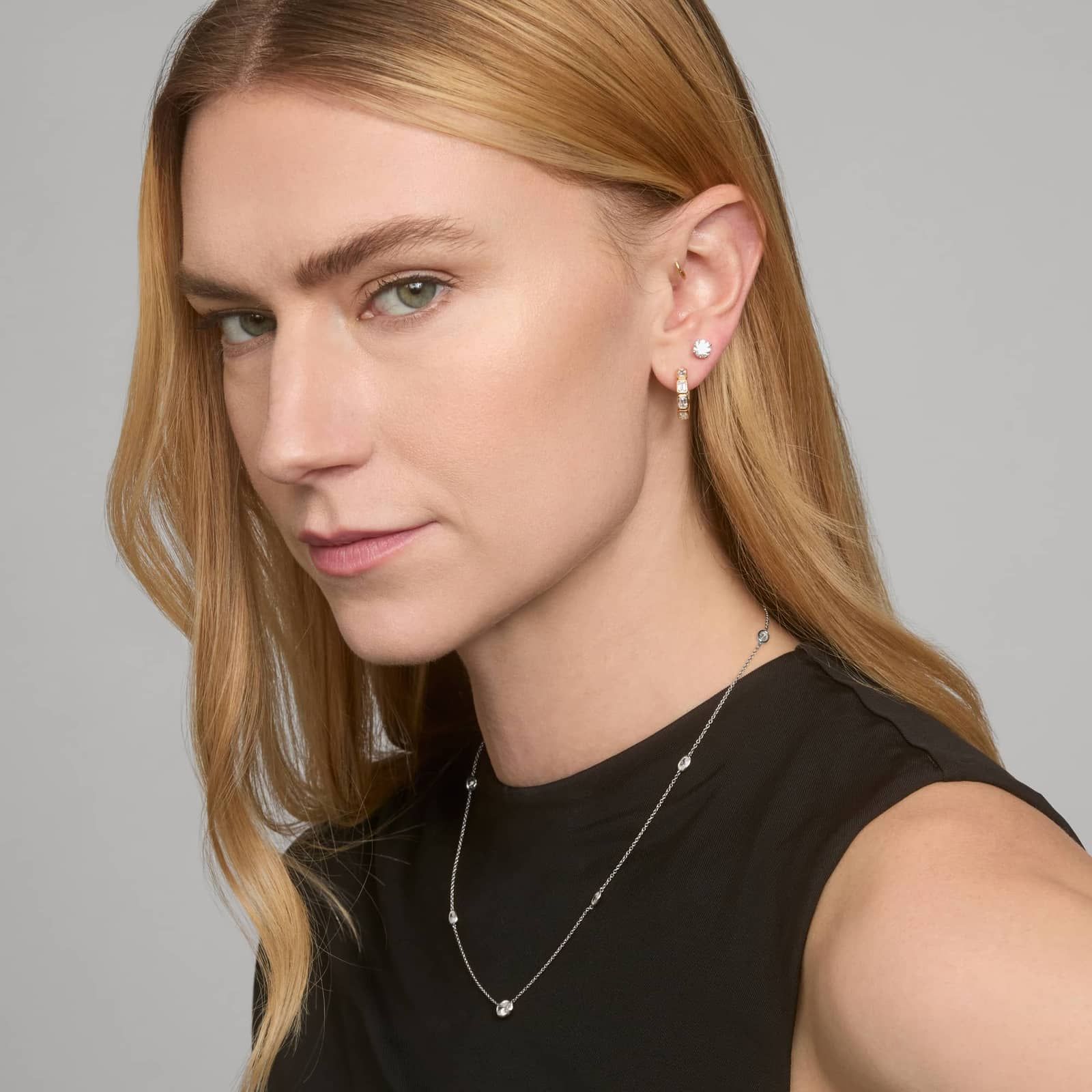 Oval Pendant with Diamond Station Necklace with 2 CTW Oval Cut Lab-Grown Diamonds in 14K White Gold Bezel Setting