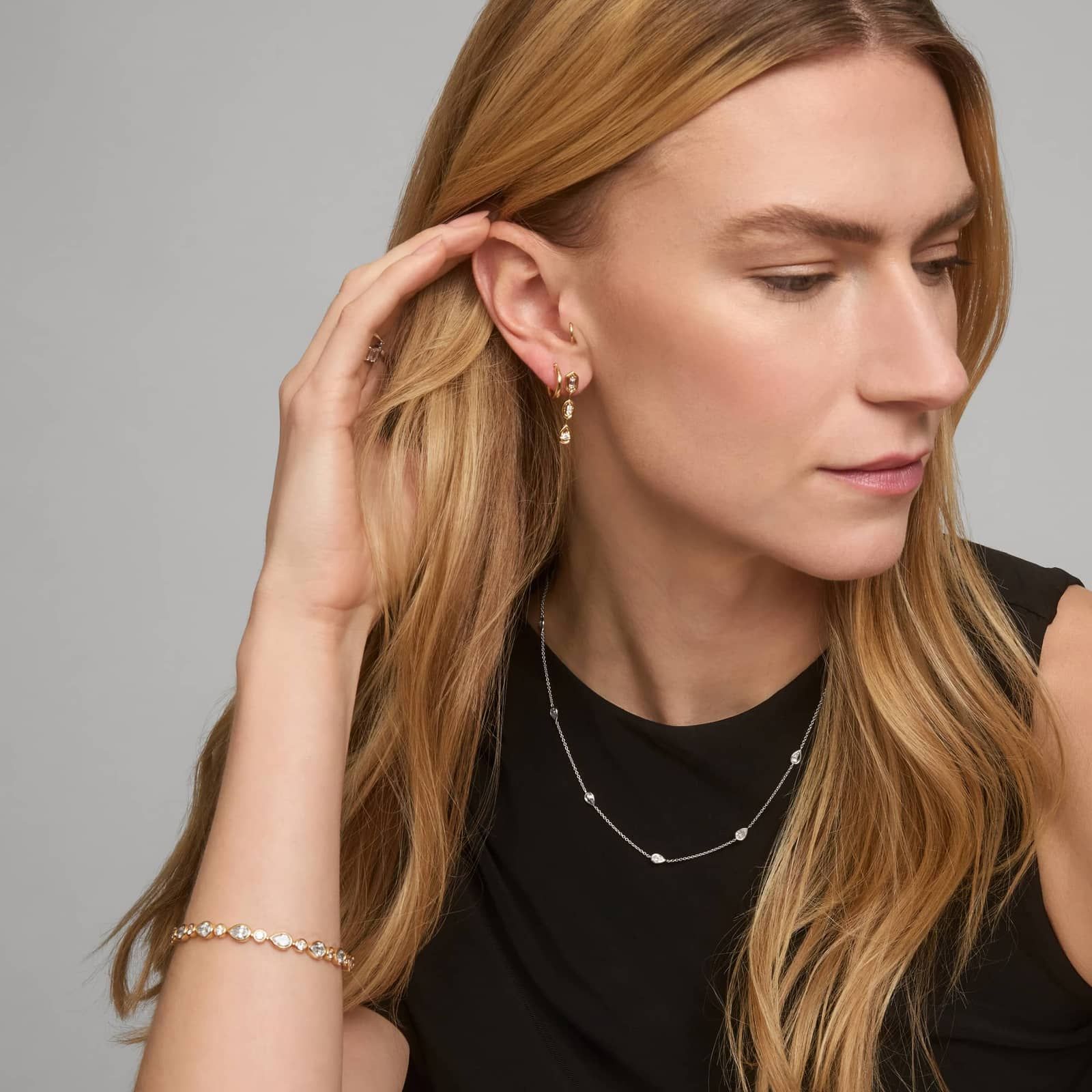 Pear Shaped Diamond Station Necklace with 2.25 CTW Pear Shaped Lab-Grown Diamonds in 14K White Gold Bezel Setting