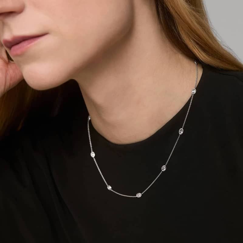 Oval Cut Diamond Station Necklace with 2.25 CTW Oval Cut Lab-Grown Diamonds in 14K White Gold Bezel Setting