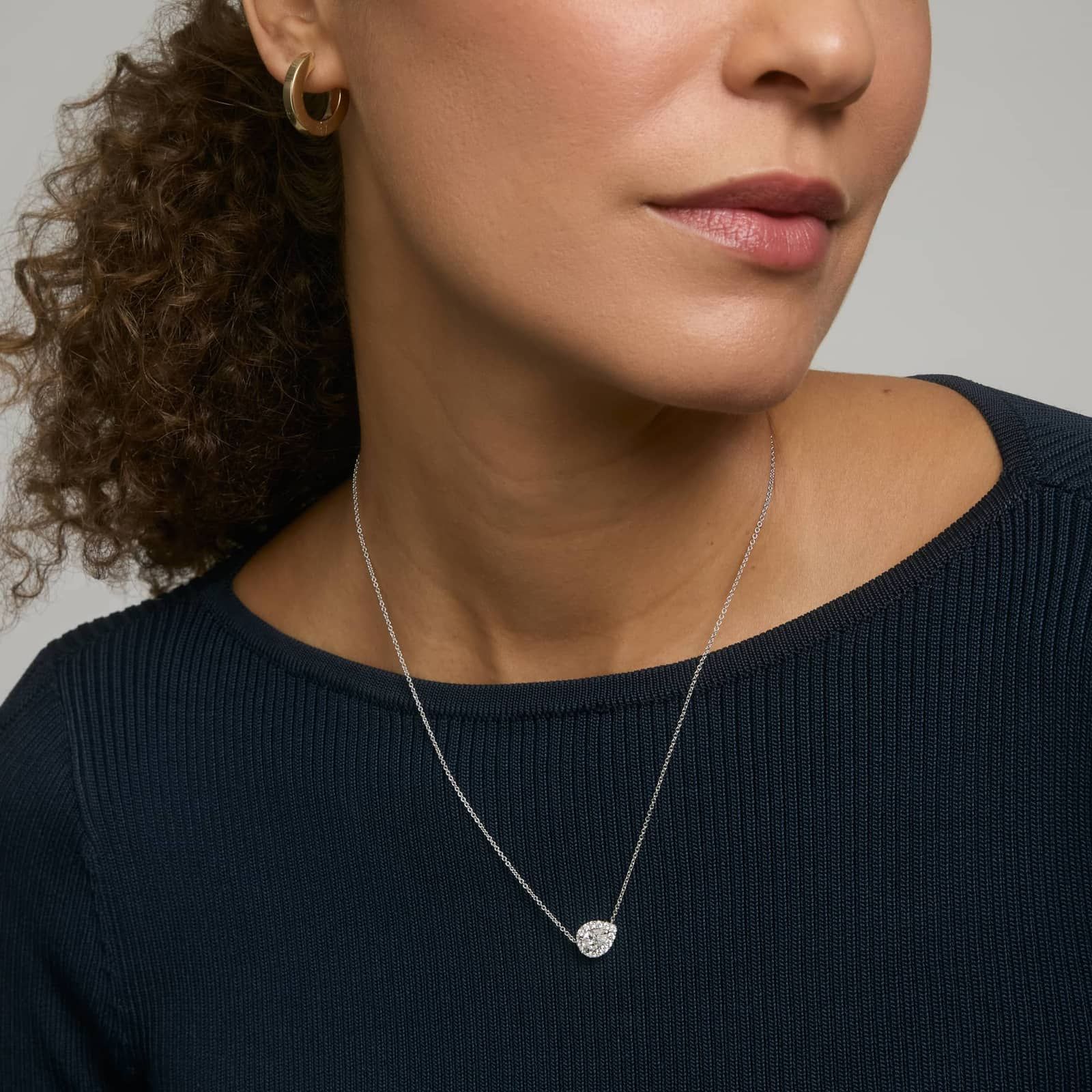 Pear Shaped Diamond Halo Necklace with 1 CTW Pear Shaped and Round Cut Lab-Grown Diamonds in 14K White Gold