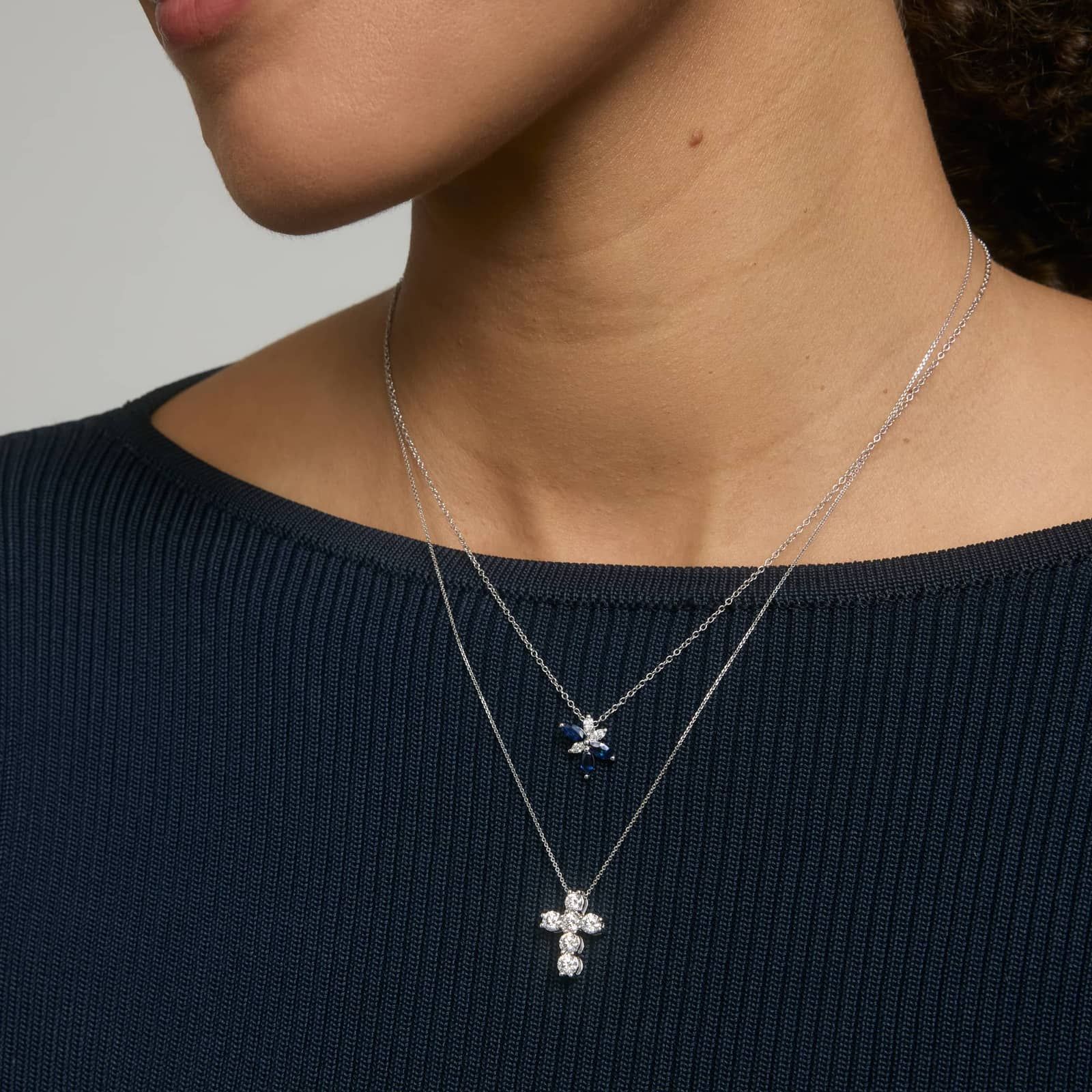 Marquise Cut Blue Sapphire and Diamond Pendant Necklace in 14K White Gold