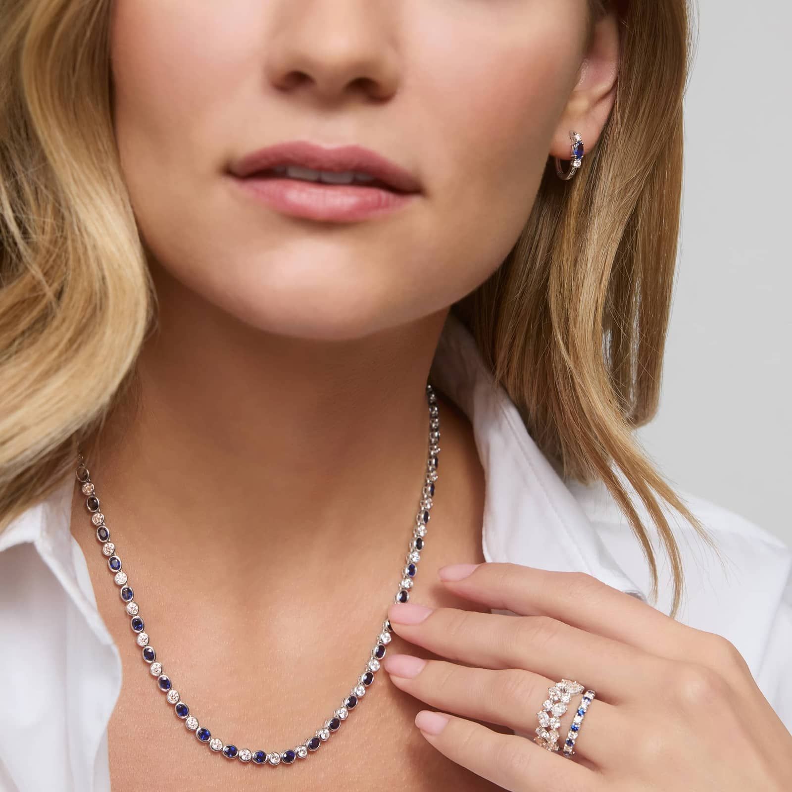 Alternating Blue Sapphire and Diamond Necklace with 5.2 CTW Round Cut Diamonds in 14K White Gold Bezel Setting