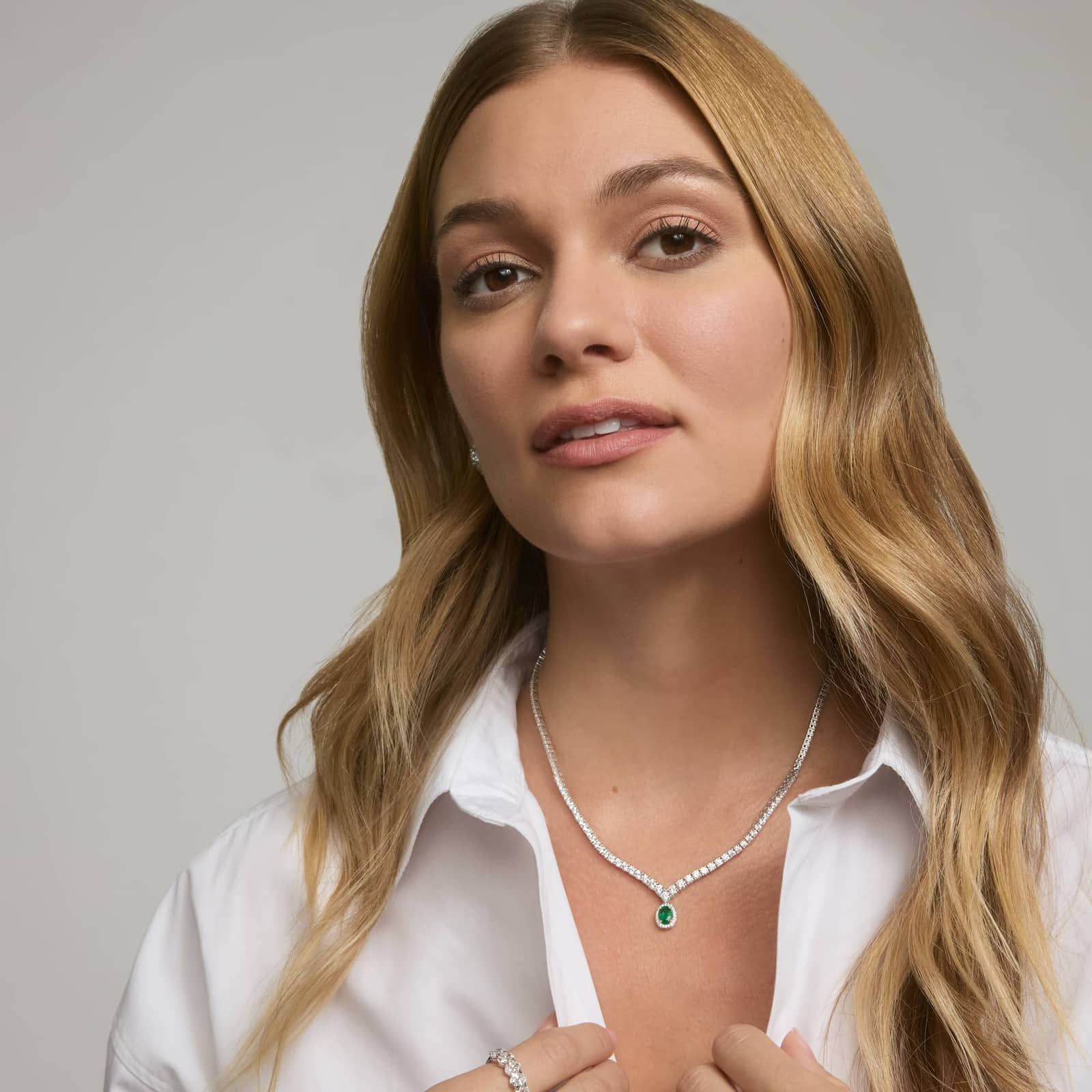 Oval Cut Emerald Drop Necklace with 5 CTW Round Cut Diamonds in 14K White Gold