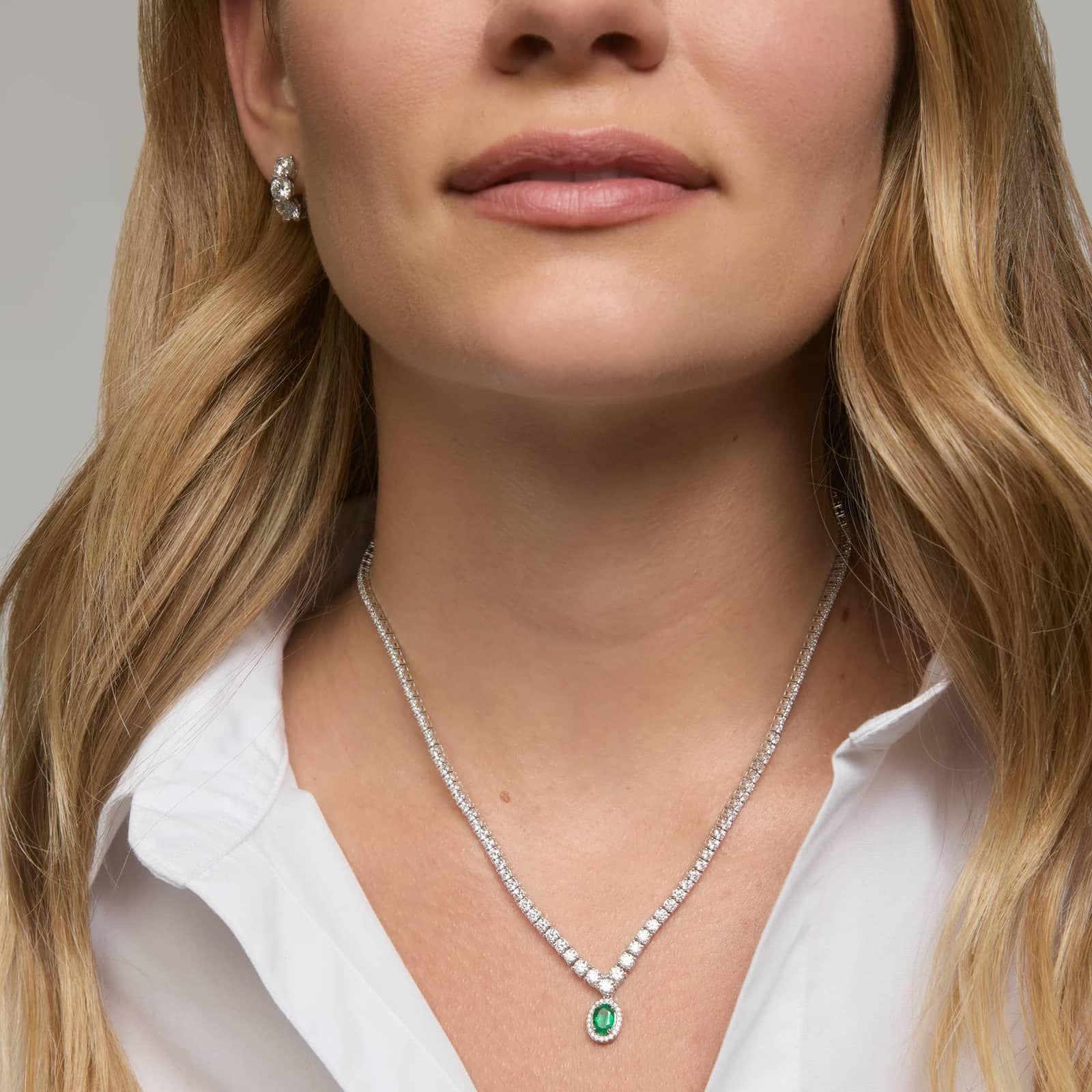 Oval Cut Emerald Drop Necklace with 5 CTW Round Cut Diamonds in 14K White Gold