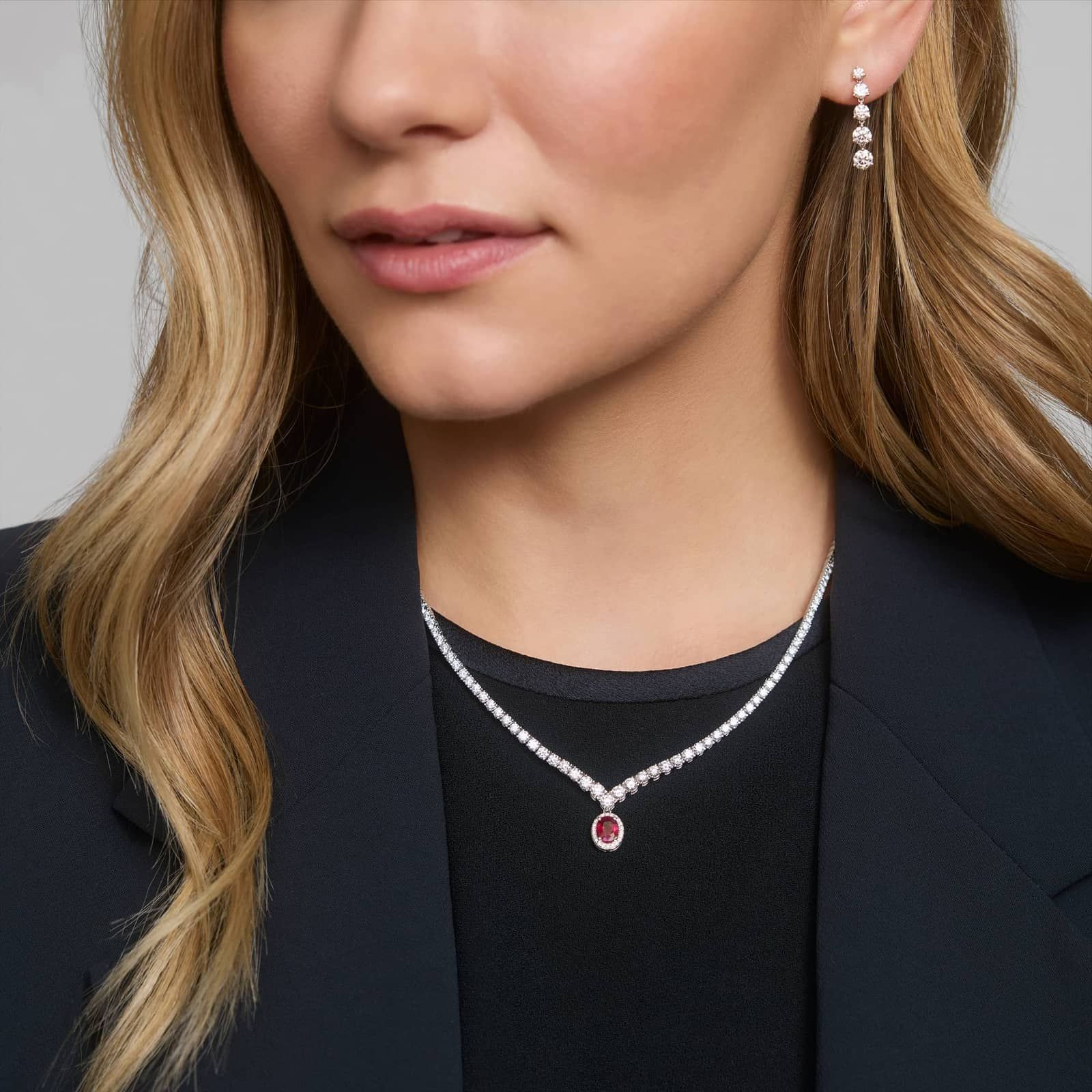 Oval Ruby Drop Necklace with Diamonds with 5 CTW Round Diamonds in 14K White Gold