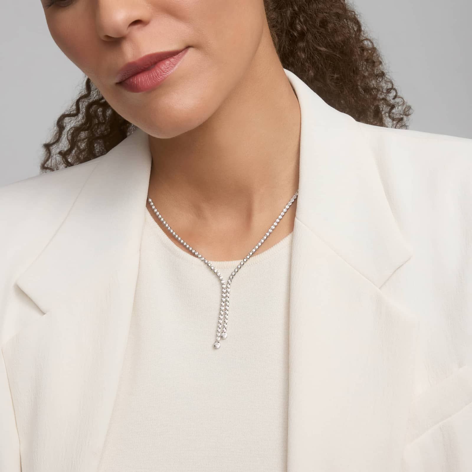 Diamond Lariat Necklace with 1.5 CTW Round Cut Diamonds in 14K White Gold