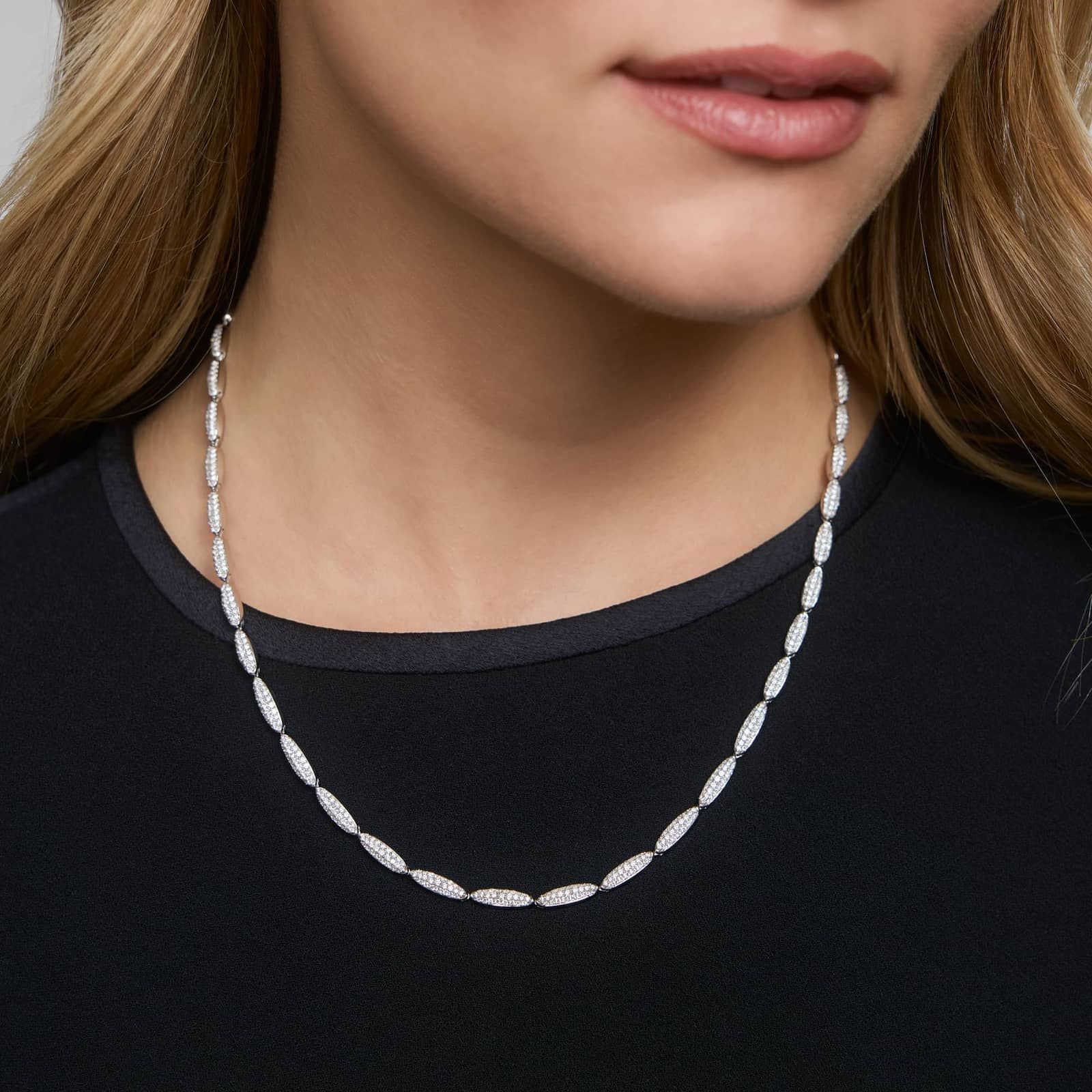 Elongated Link Pavé Fashion Necklace with 3 CTW Round Cut Lab-Grown Diamonds in 14K White Gold