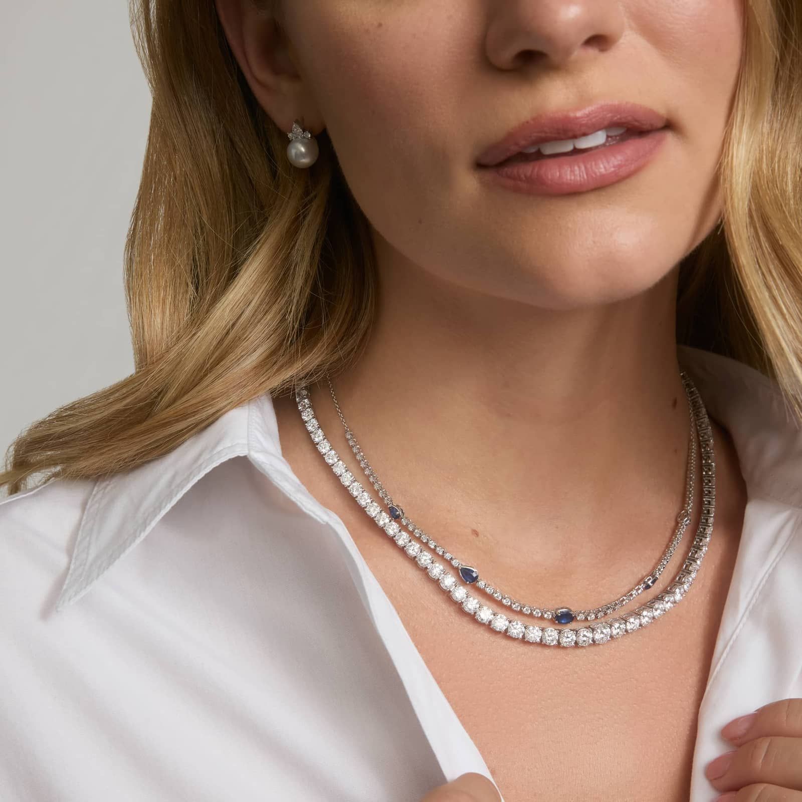 Necklace with Oval and Pear Blue Sapphire Stations and 1.5 CTW Round Cut Lab-Grown Diamonds in 14K White Gold