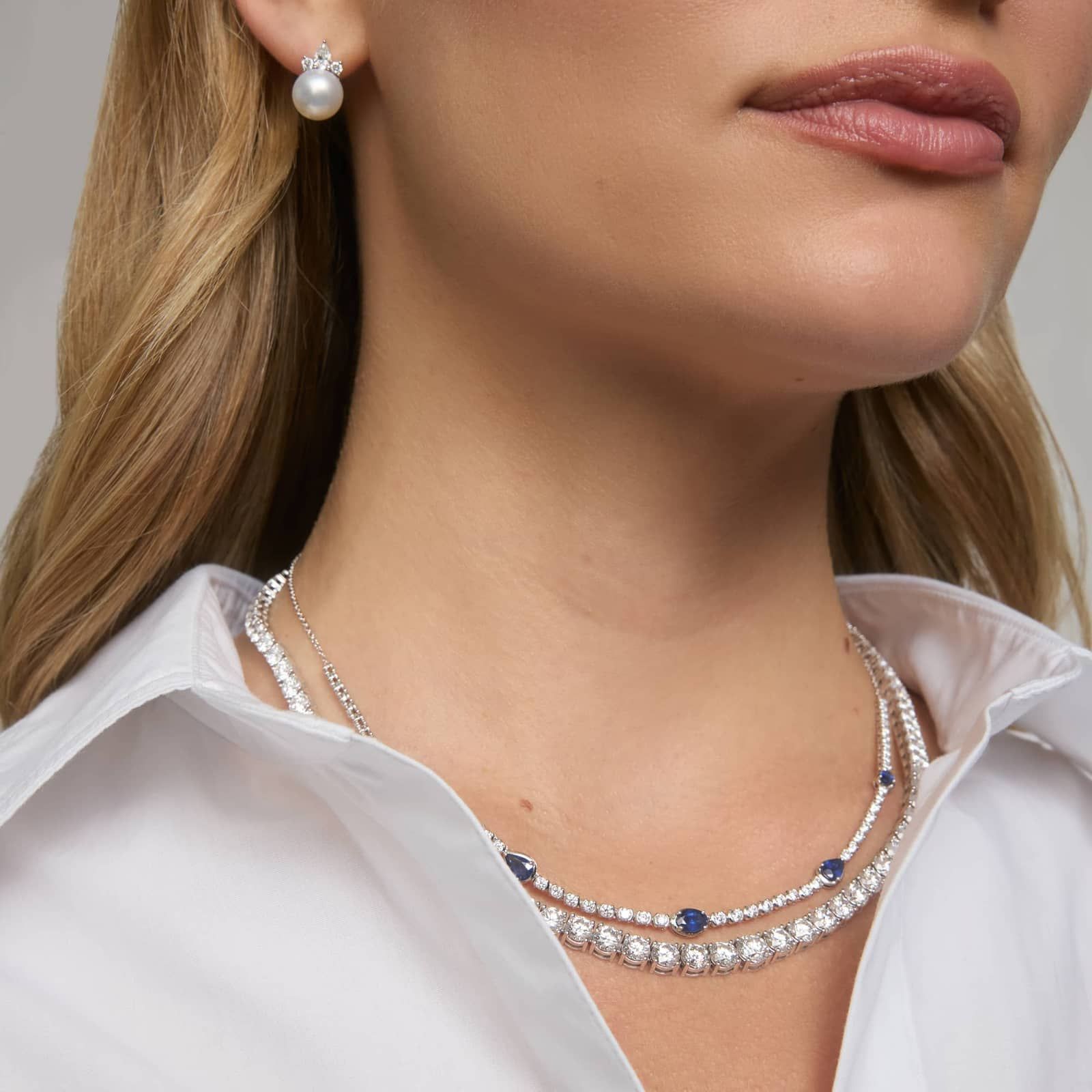 Necklace with Oval and Pear Blue Sapphire Stations and 1.5 CTW Round Cut Lab-Grown Diamonds in 14K White Gold