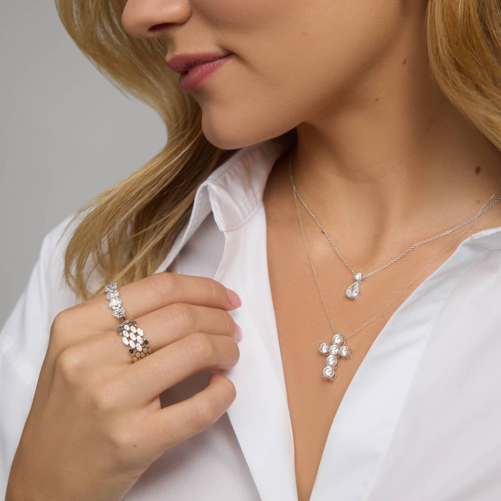 Diamond Cross Necklace with 3 CTW Round Cut Lab-Grown Diamonds in 14K White Gold