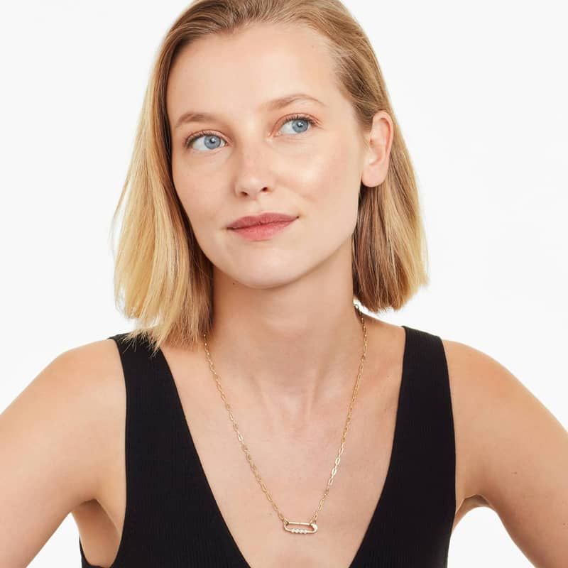 Oval Diamond Push Lock On Paperclip Split Chain Necklace In 14K Yellow Gold