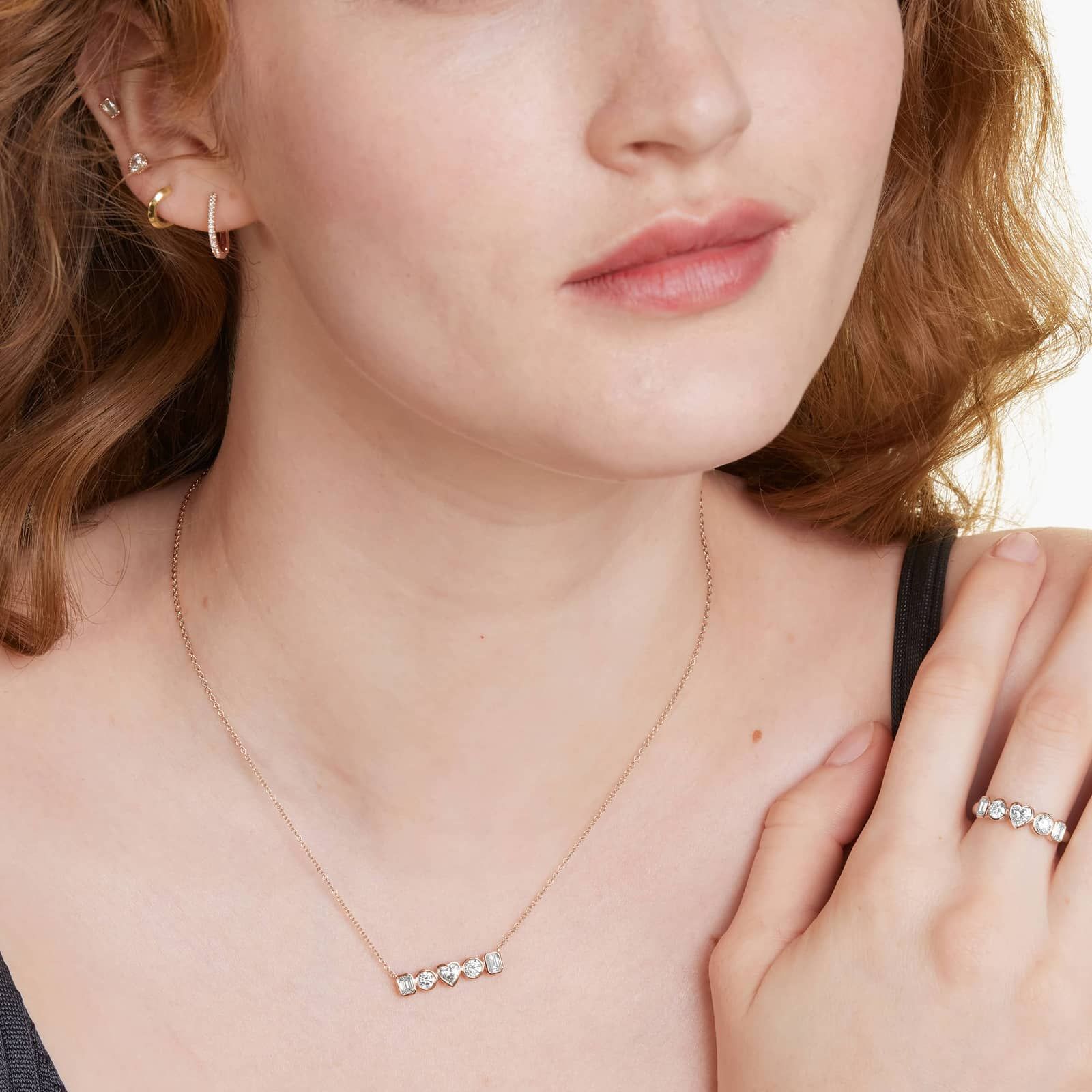 Fancy Bezel Pendant With Emerald, Round, And Heart Shaped Lab-Grown Diamonds In 14K Rose Gold