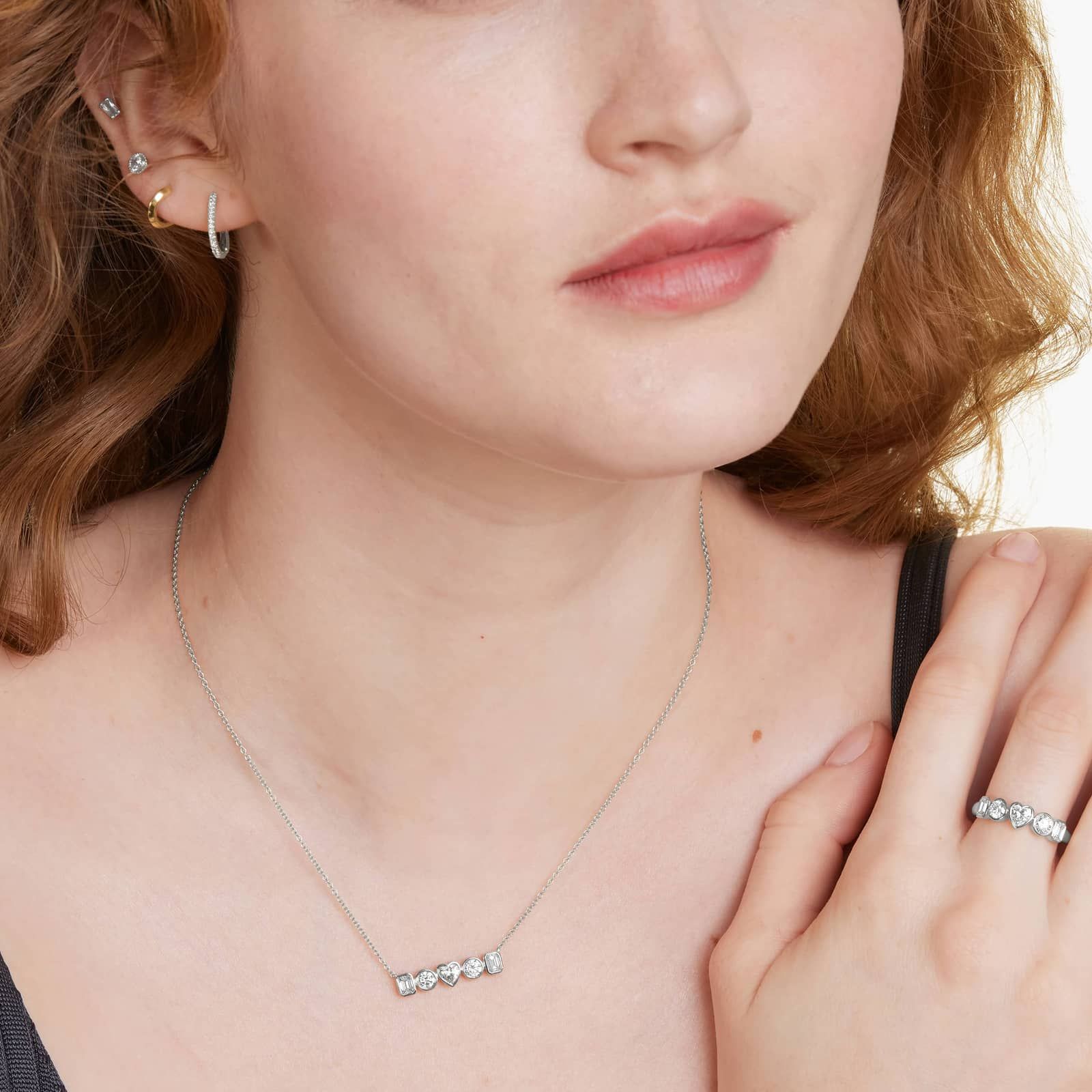 Fancy Bezel Pendant With Emerald, Round, And Heart Shaped Lab-Grown Diamonds In 14K White Gold