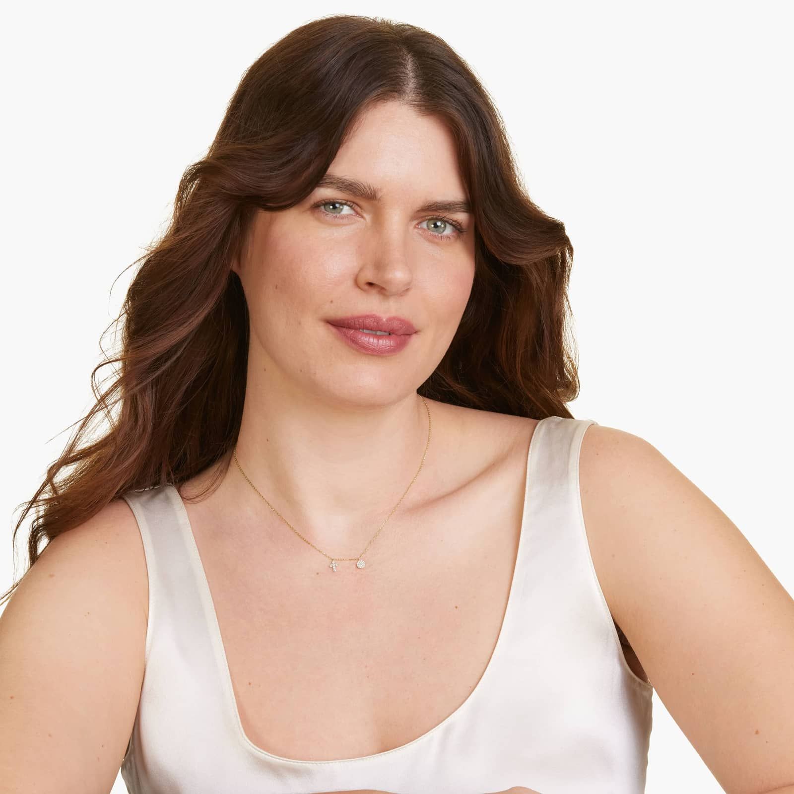 14K Yellow Gold Dainty Diamonds Pavé Circle Cross Necklace