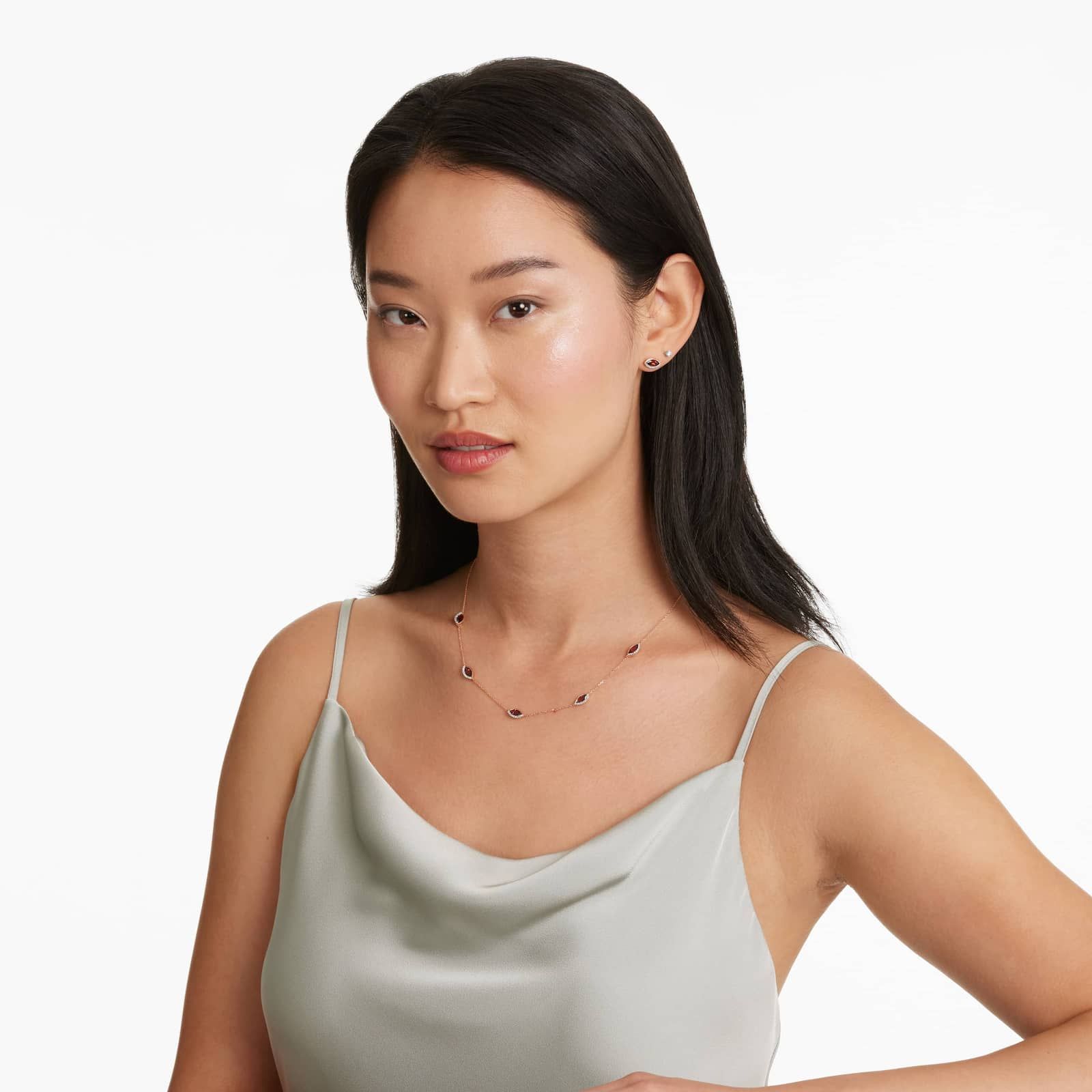 14K Rose Gold Radiant Reflections Marquise Shaped Garnet & Round Diamonds Station Necklace