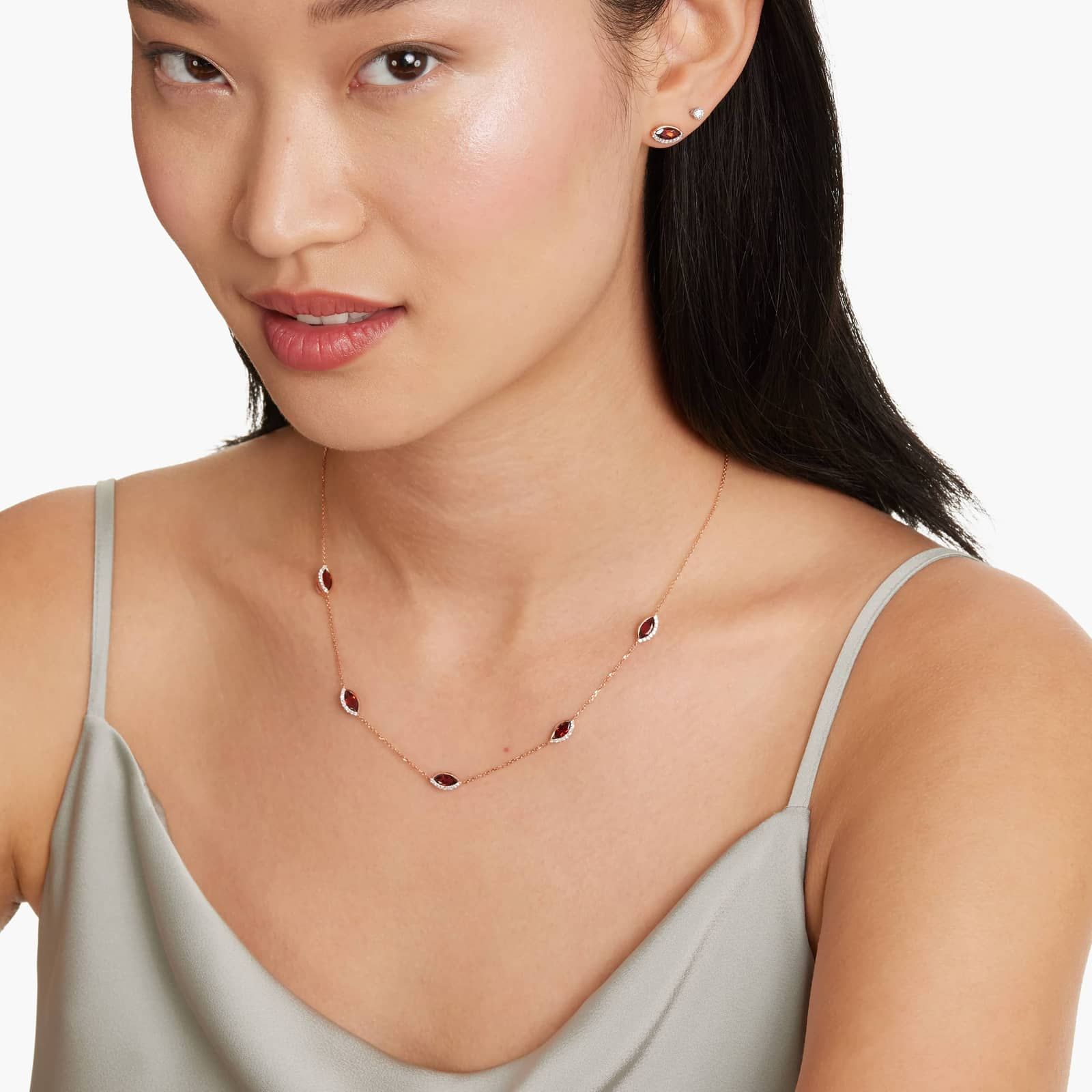 14K Rose Gold Radiant Reflections Marquise Shaped Garnet & Round Diamonds Station Necklace