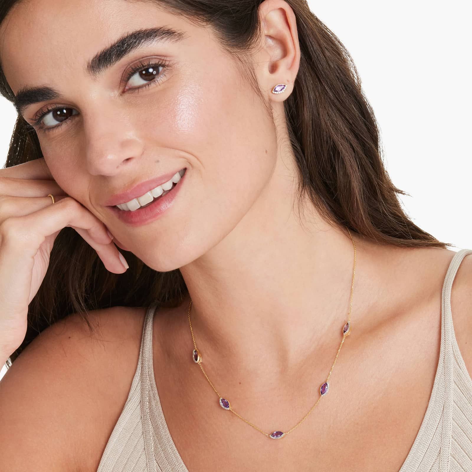 14K Yellow Gold Radiant Reflections Marquise Shaped Amethyst Station Necklace