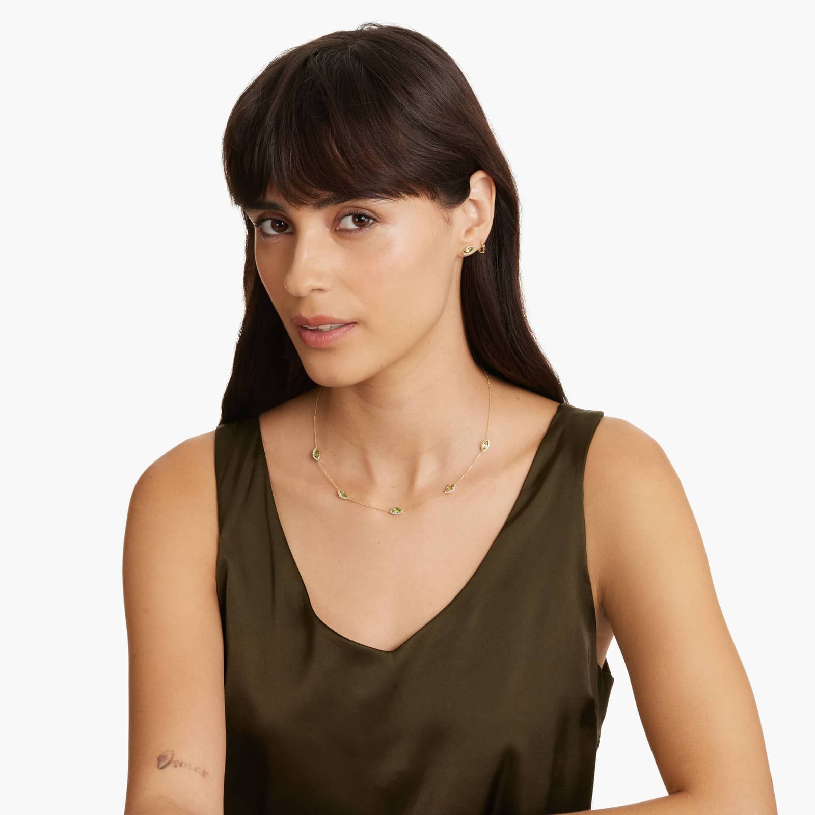 14K Yellow Gold Radiant Reflections Marquise Shaped Peridot & Round Diamonds Station Necklace