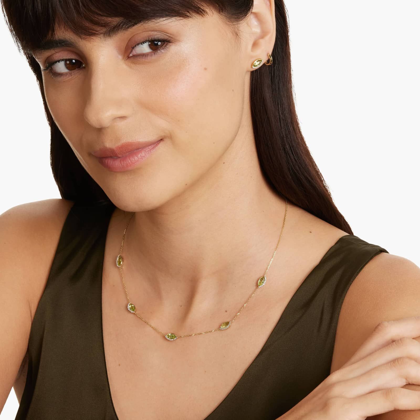 14K Yellow Gold Radiant Reflections Marquise Shaped Peridot & Round Diamonds Station Necklace