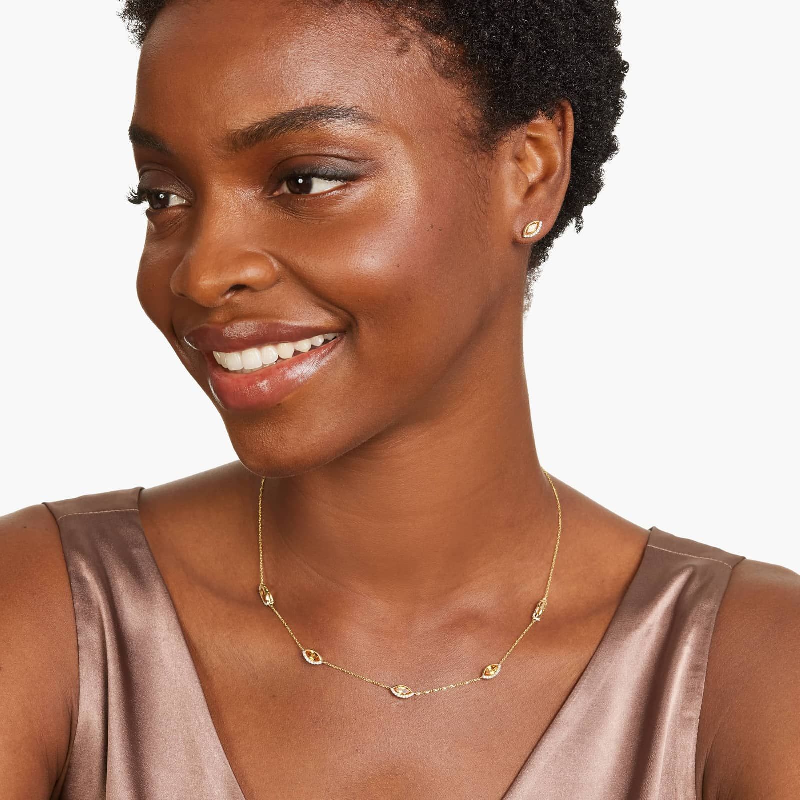 14K Yellow Gold Radiant Reflections Marquise Shaped Citrine & Round Diamonds Station Necklace