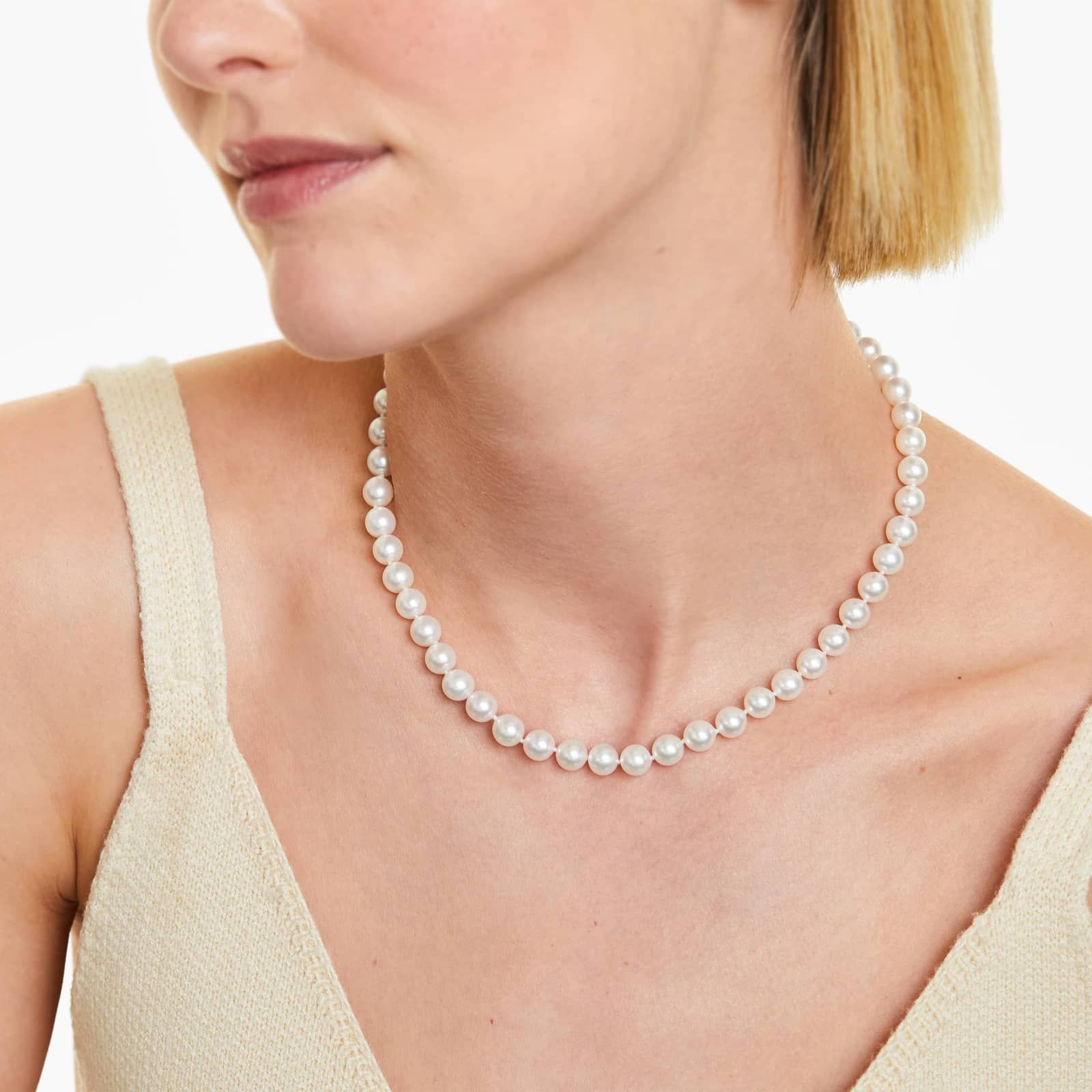 14K White Gold Akoya Cultured Pearl Ball Clasp 16" Necklace (7.0-7.5mm)