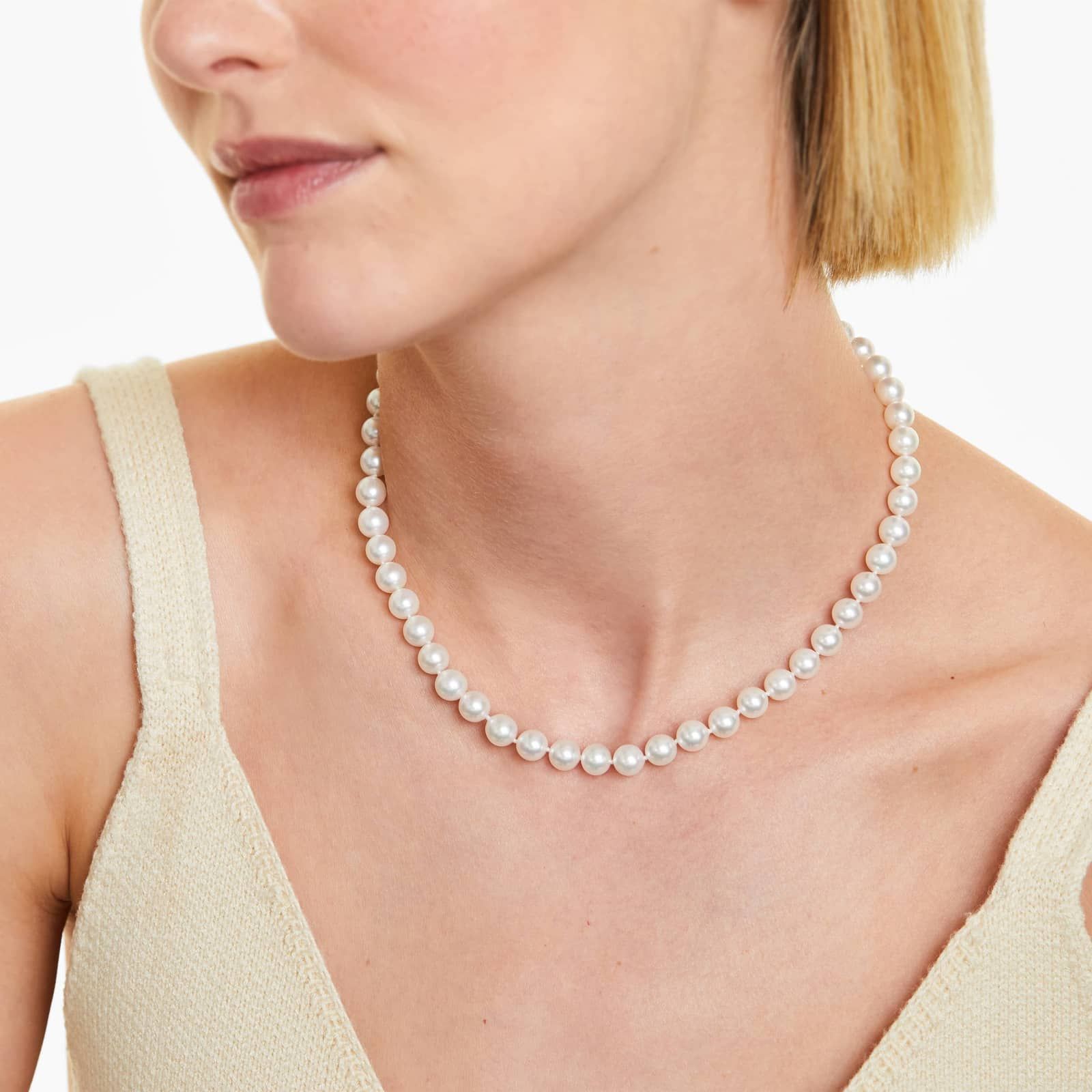 14K Yellow Gold Akoya Cultured Pearl Ball Clasp 16" Necklace (7.0-7.5mm)