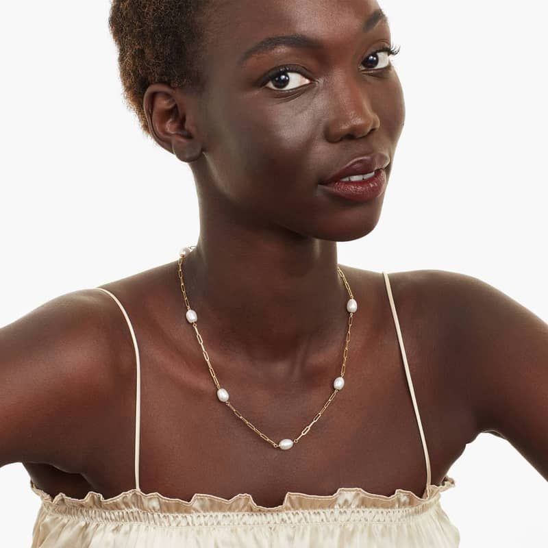 14K Yellow Gold Freshwater Cultured Pearl Station Paperclip Necklace