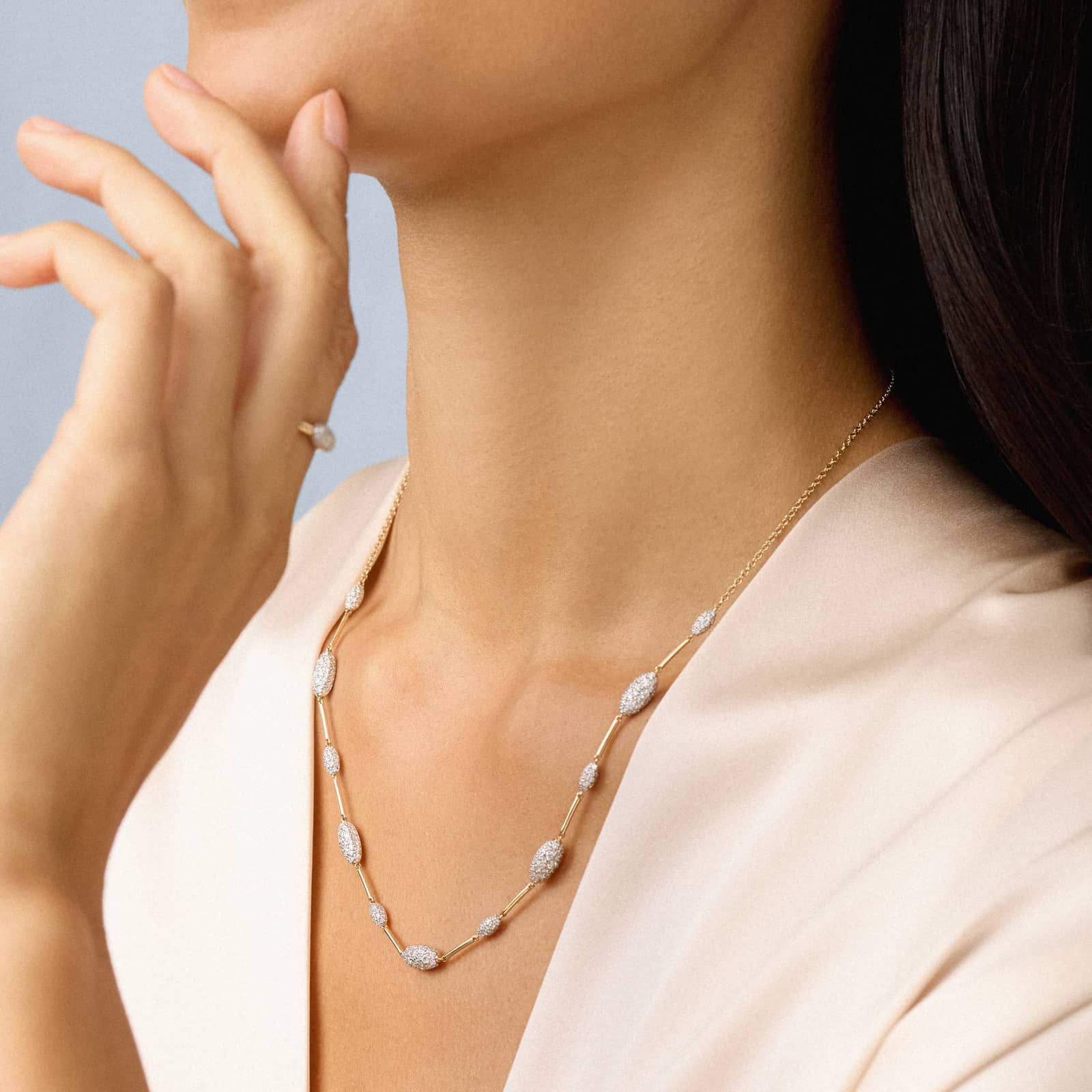 Modern Pave Half Station Necklace in 14K Yellow Gold With Diamonds